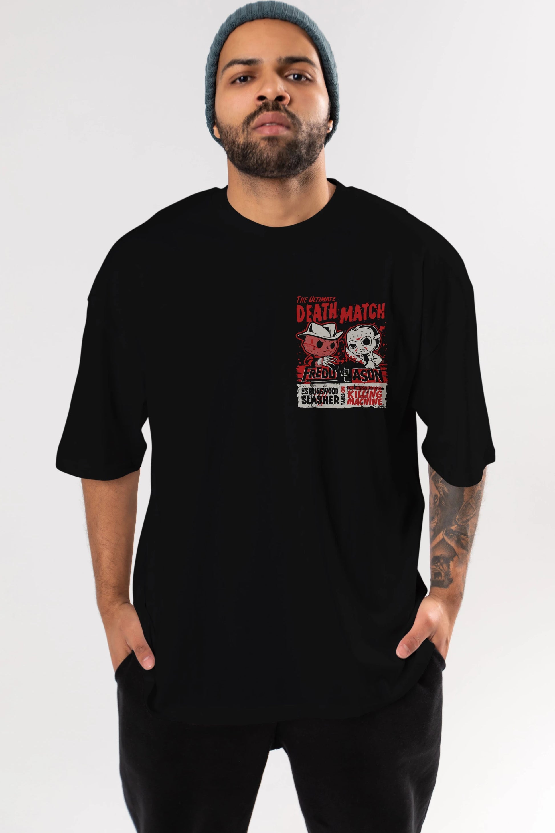 Freddy vs Jason Ön Sol Baskılı Oversize t-shirt Erkek Kadın Unisex %100 Pamuk Bisiklet Yaka tişort