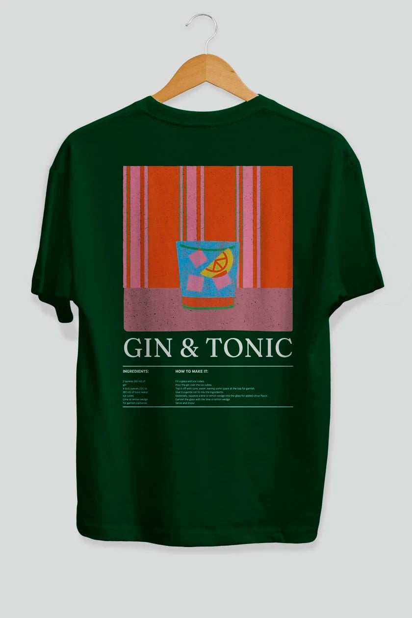 Gin Tonic Kokteyl Serisi Arka Baskılı Oversize t-shirt Erkek Kadın %100 Pamuk Bisiklet Yaka tişort