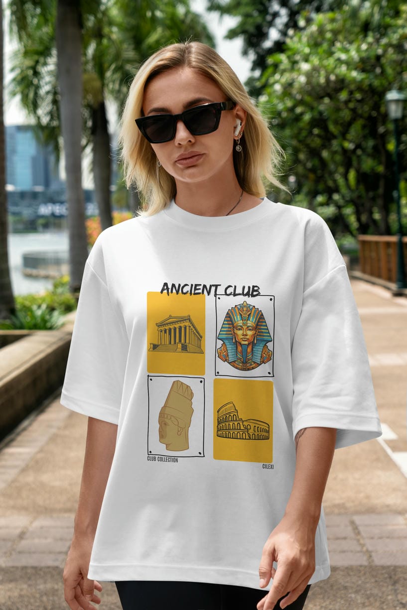 Ancient Club ön Baskılı Oversize t-shirt Erkek Kadın %100 Pamuk Bisiklet Yaka tişort