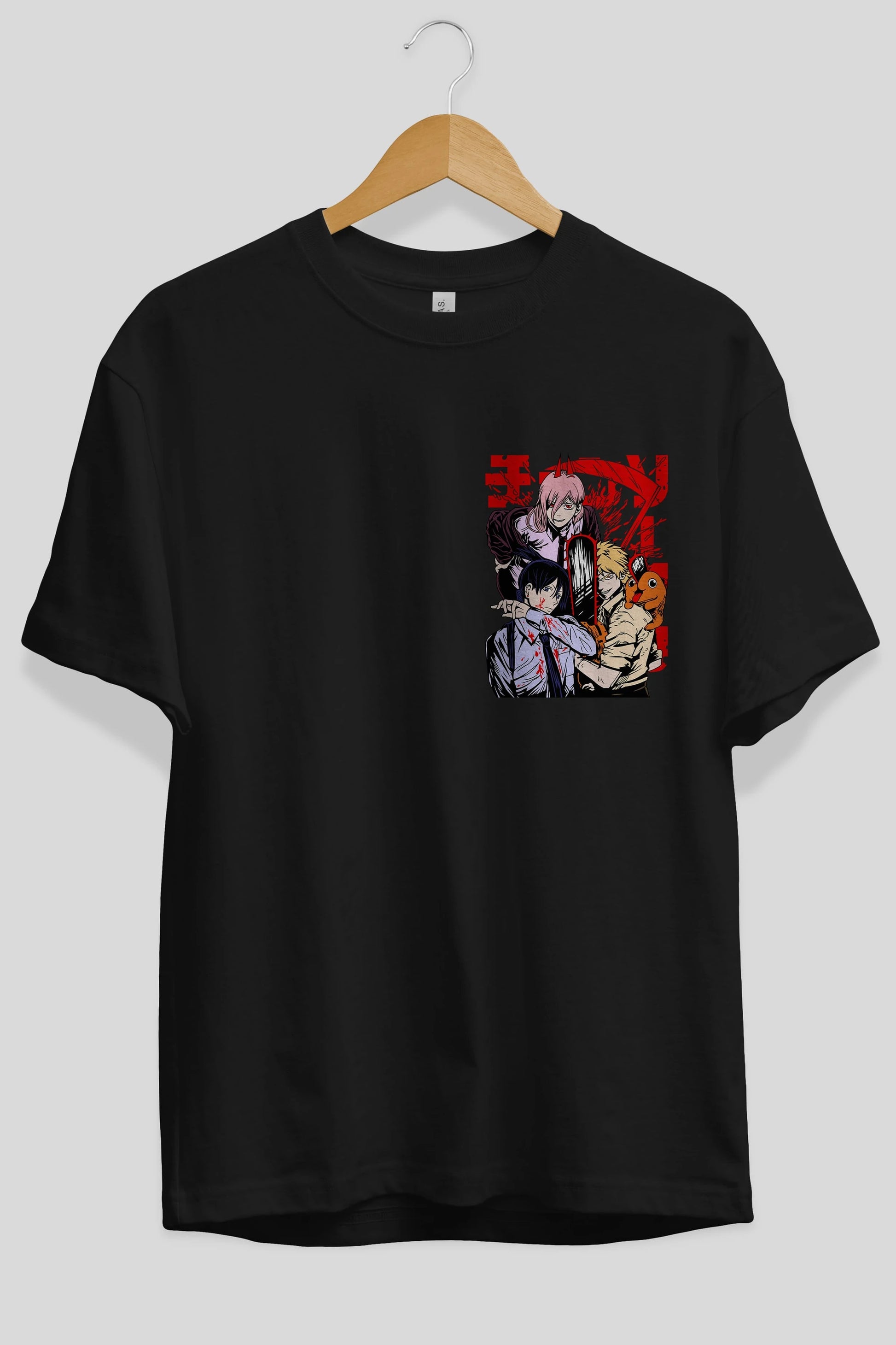 CHAINSAWMAN CREW Ön Sol Baskılı Oversize t-shirt Erkek Kadın Unisex %100 Pamuk Bisiklet Yaka tişort
