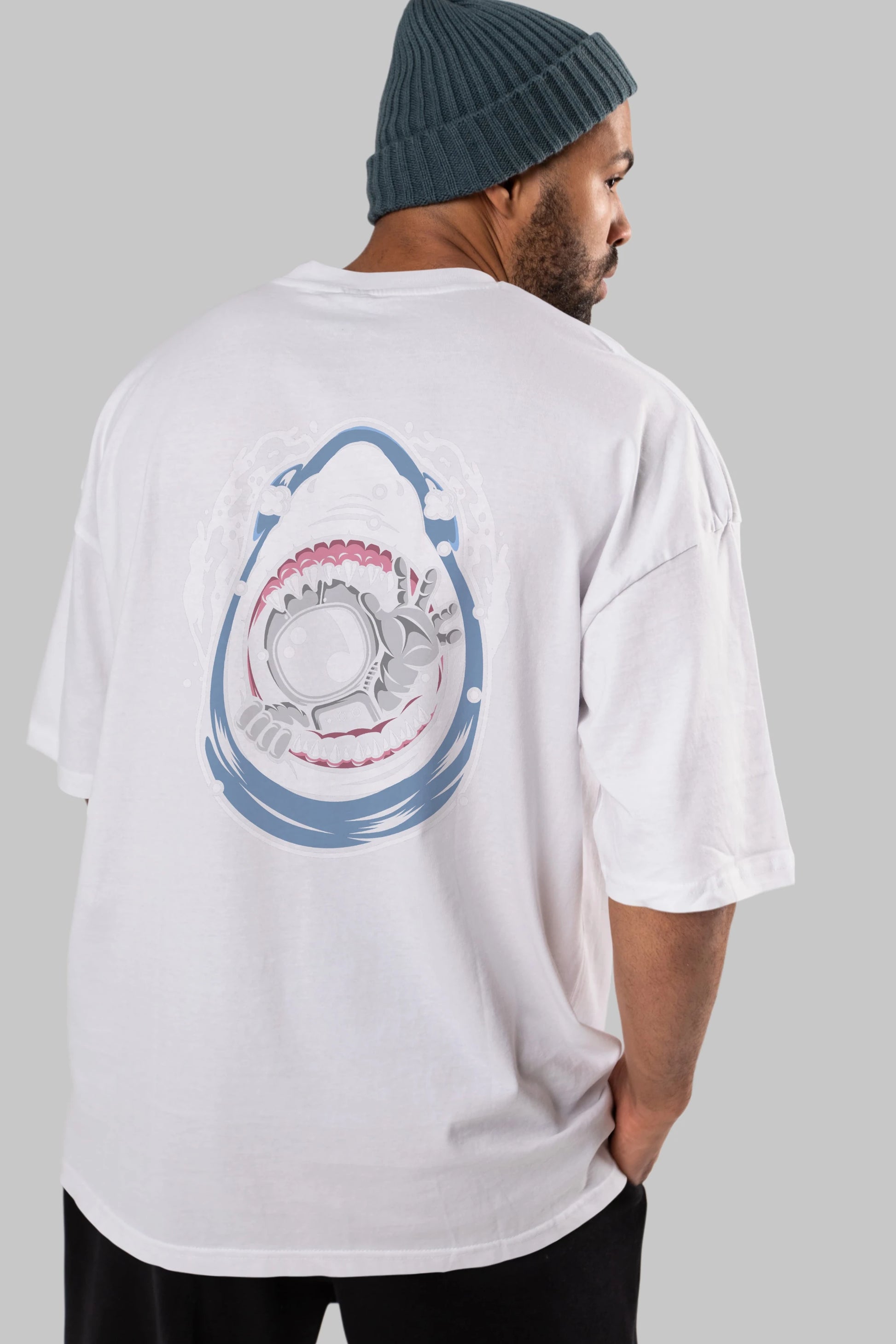 Astronaut Shark Arka Baskılı Oversize t-shirt Erkek Kadın Unisex