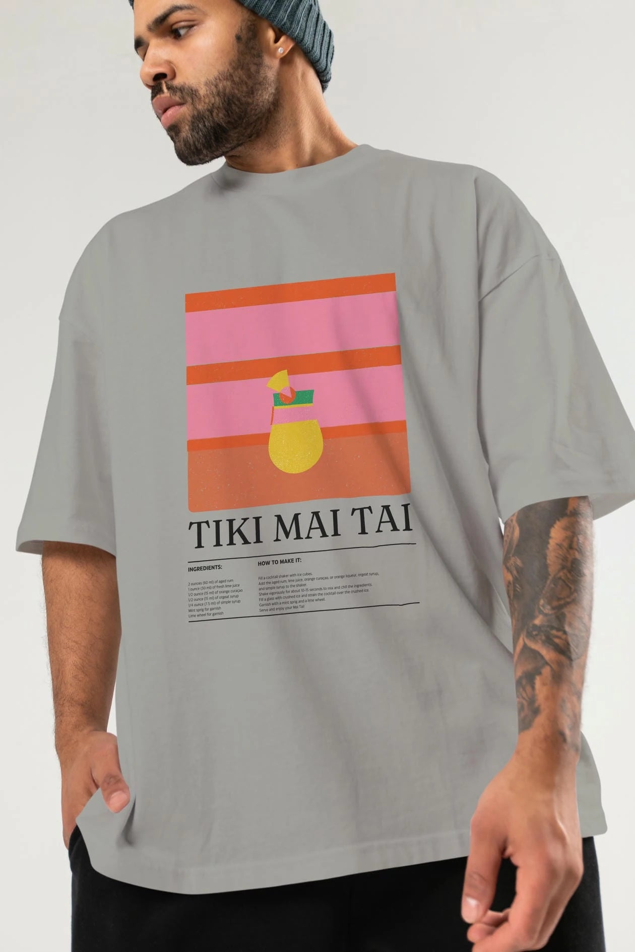 Tiki Mai Tai Kokteyl Ön Baskılı Oversize t-shirt Erkek Kadın %100 Pamuk Bisiklet Yaka tişort