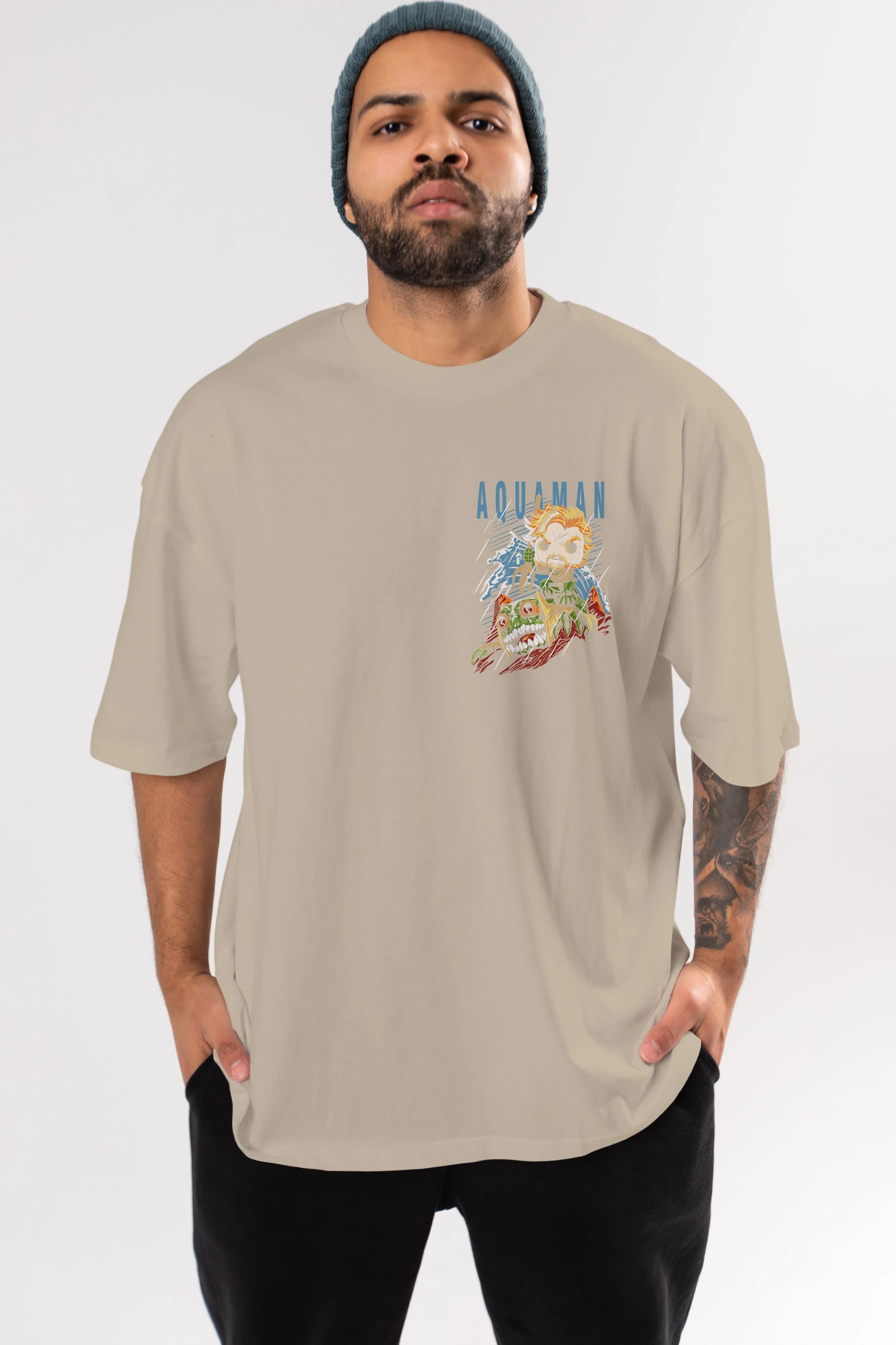 Aquaman Ön Sol Baskılı Oversize t-shirt Erkek Kadın Unisex %100 Pamuk Bisiklet Yaka tişort
