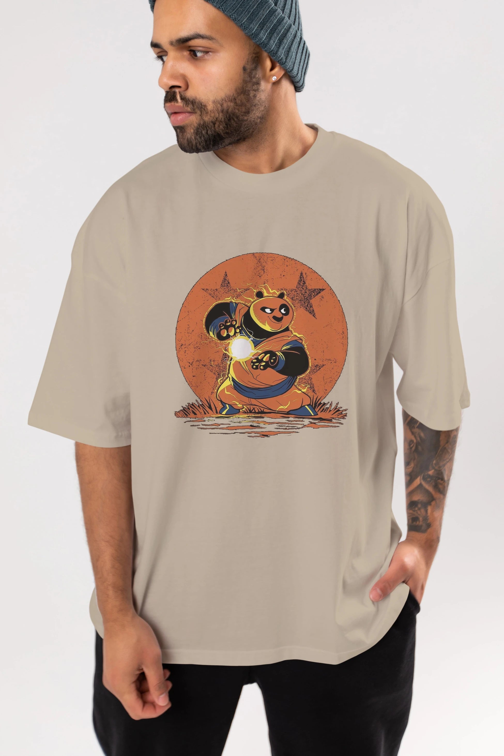 Kung Fu Panda Ön Baskılı Oversize t-shirt Erkek Kadın Unisex %100 Pamuk Bisiklet Yaka tişort
