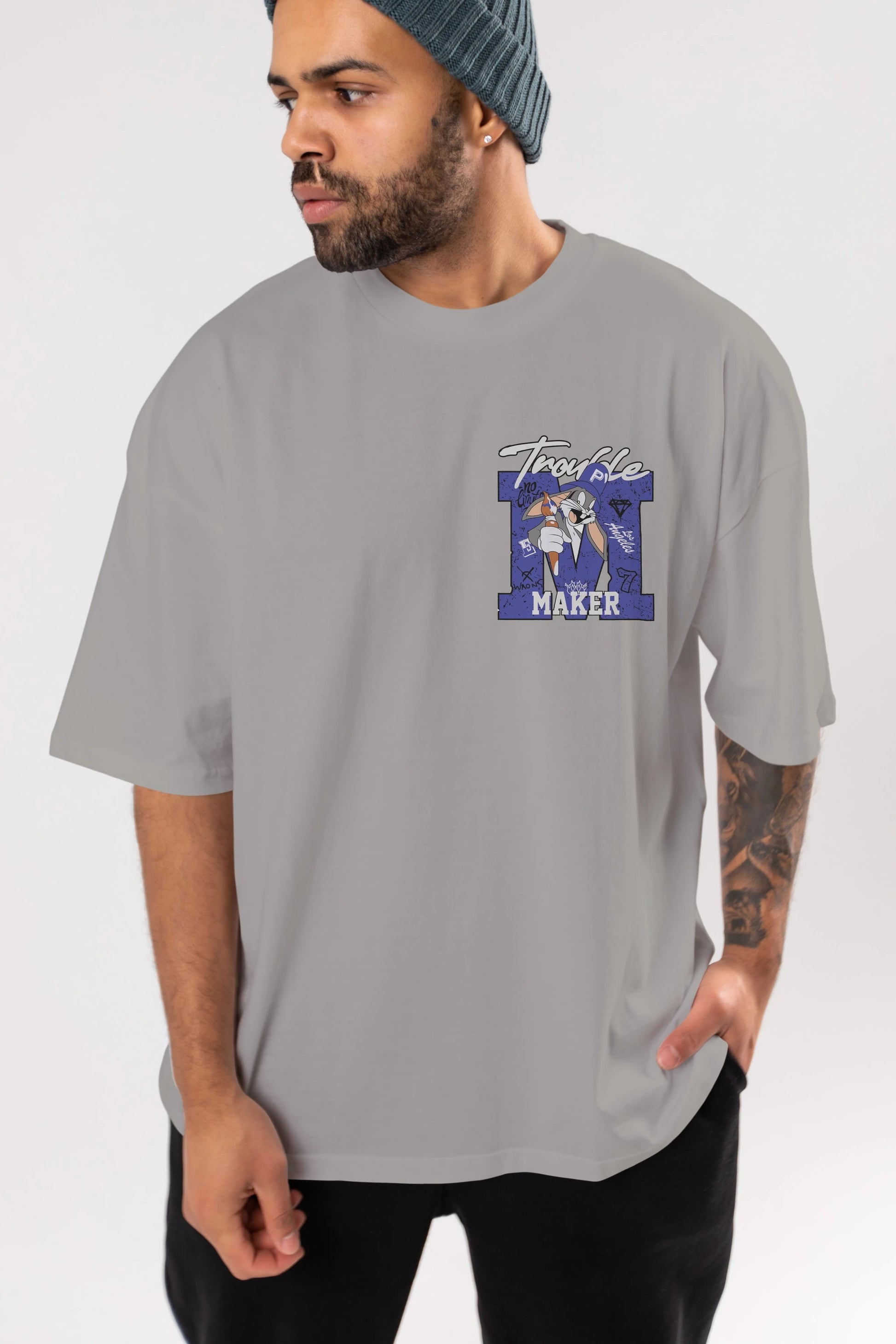 Bugs Bunny Ön Sol Baskılı Oversize t-shirt Erkek Kadın Unisex %100 Pamuk Bisiklet Yaka tişort