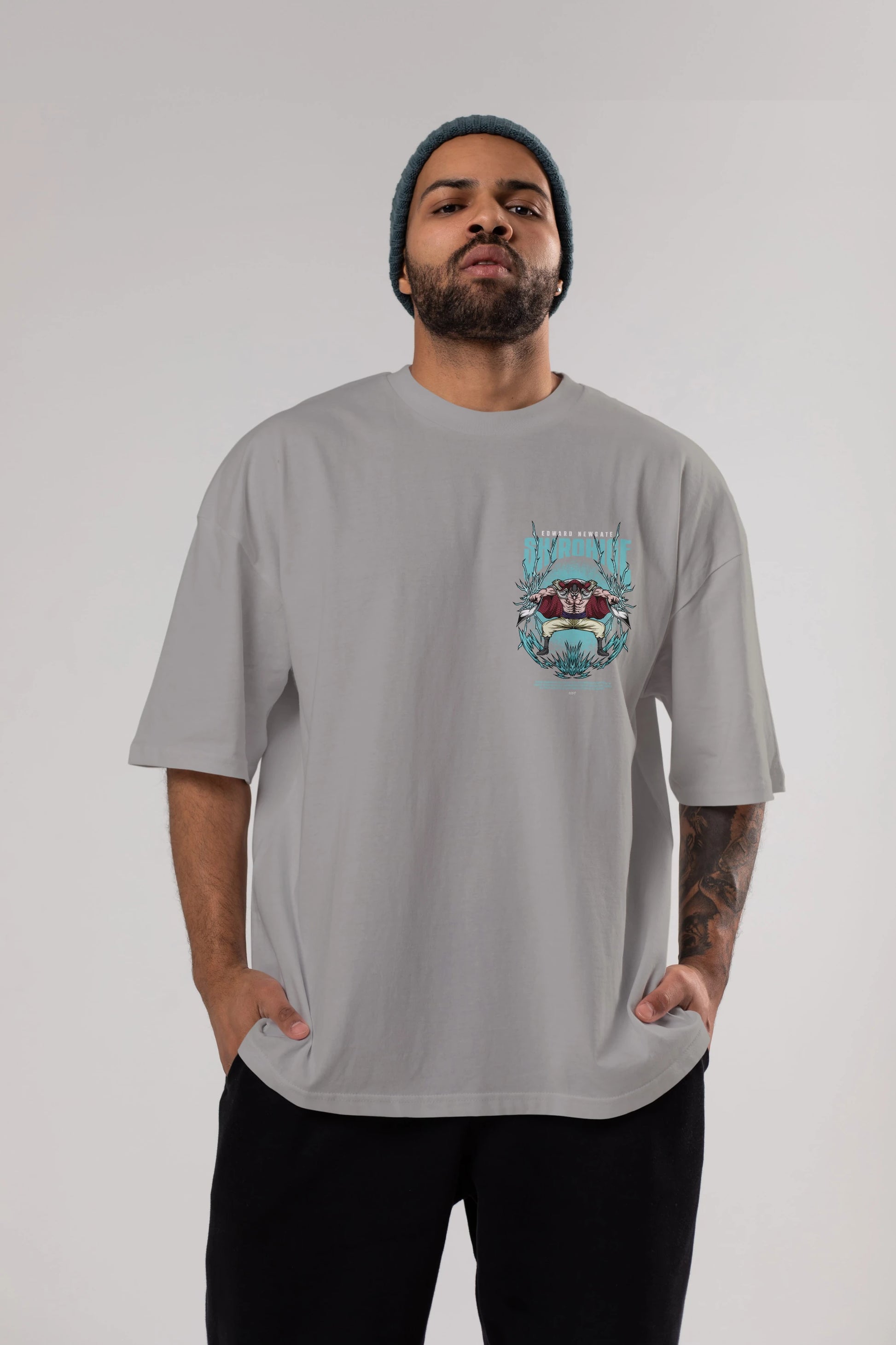 Shirohige Ön Sol Baskılı Oversize t-shirt Erkek Kadın Unisex %100 Pamuk Bisiklet Yaka tişort