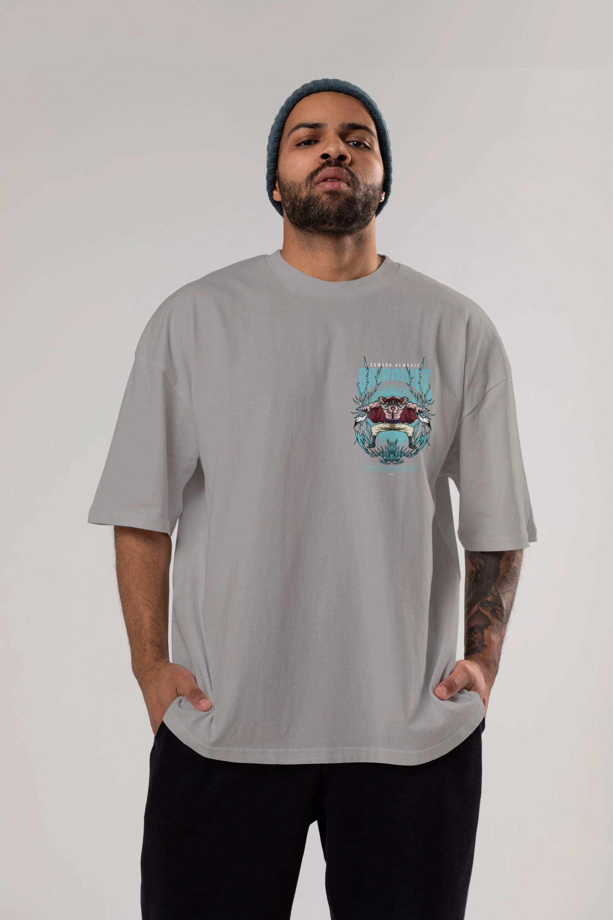 Shirohige Ön Sol Baskılı Oversize t-shirt Erkek Kadın Unisex %100 Pamuk Bisiklet Yaka tişort