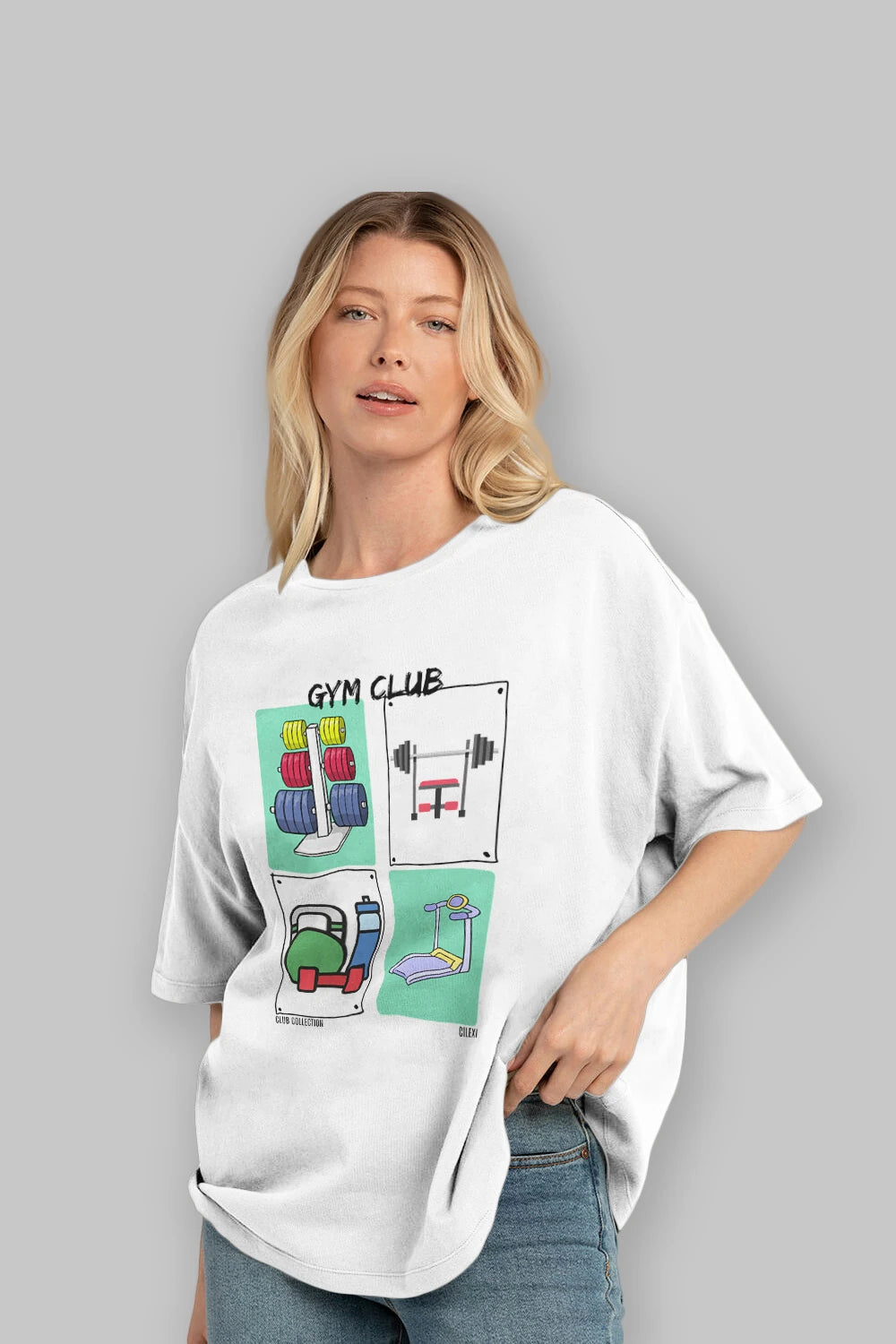 Gym Club ön Baskılı Oversize t-shirt Erkek Kadın %100 Pamuk Bisiklet Yaka tişort
