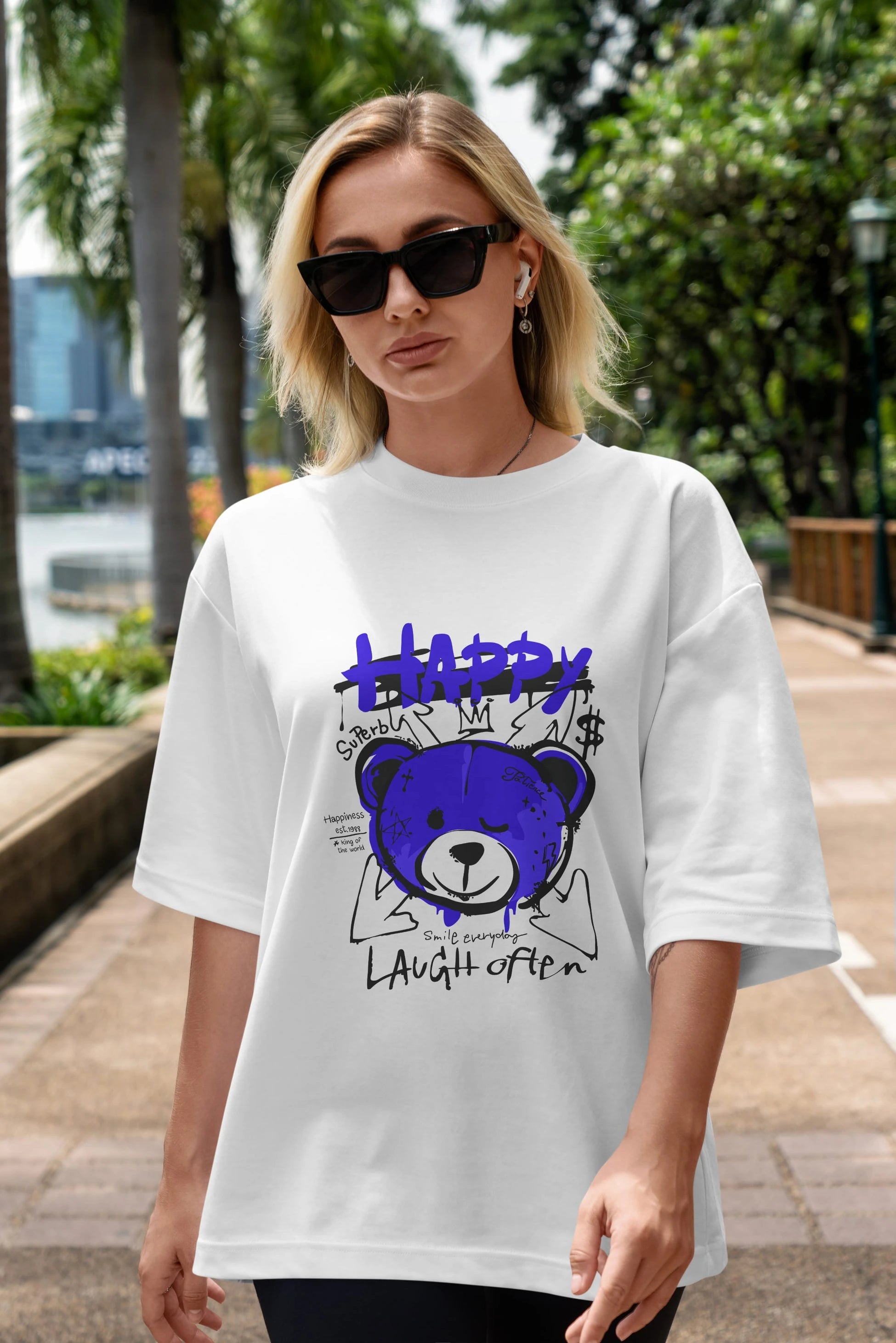 Happy Bear Ön Baskılı Oversize t-shirt Erkek Kadın Unisex