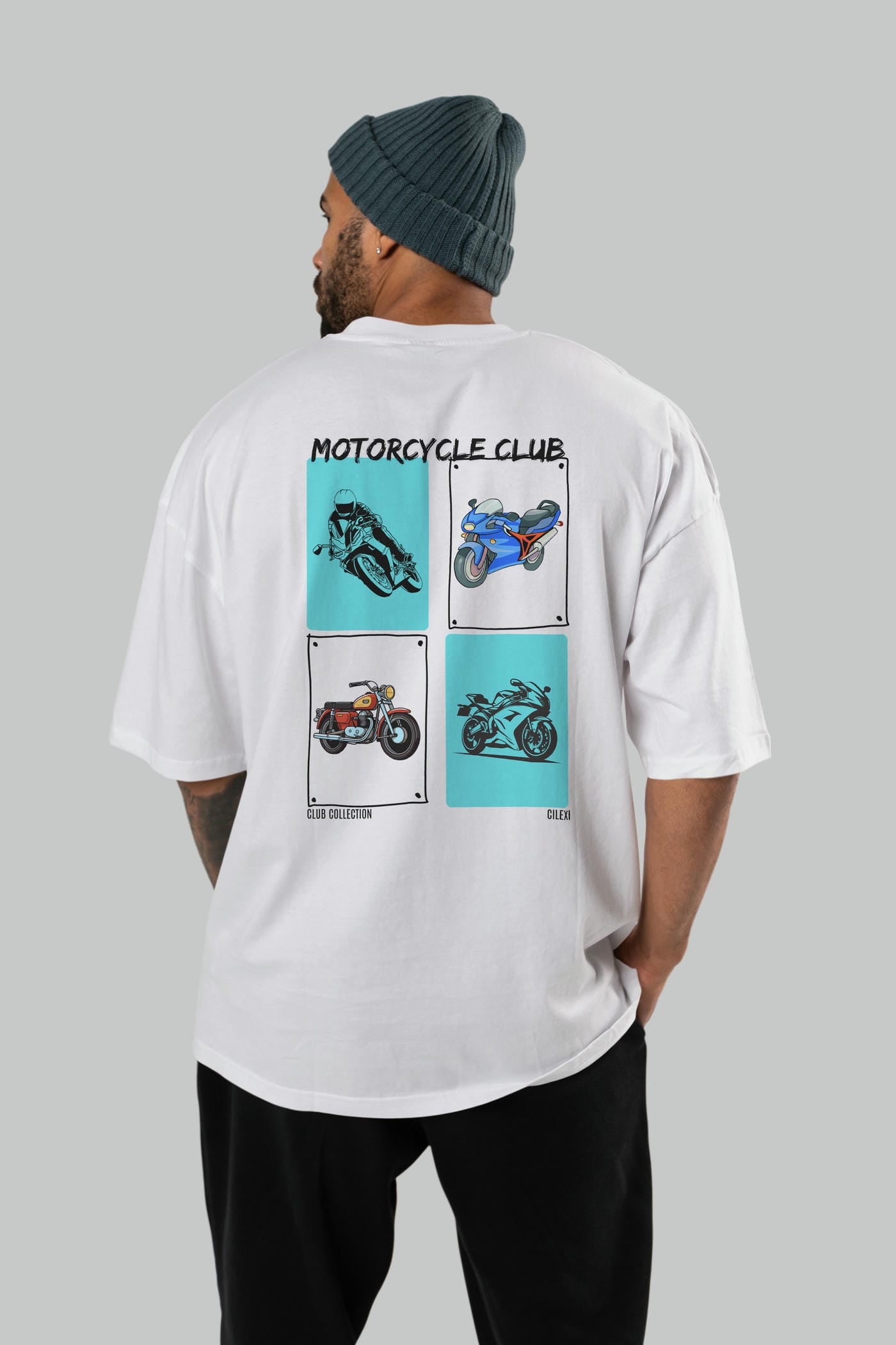 Motorcycle Club Arka Baskılı Oversize t-shirt Erkek Kadın %100 Pamuk Bisiklet Yaka tişort