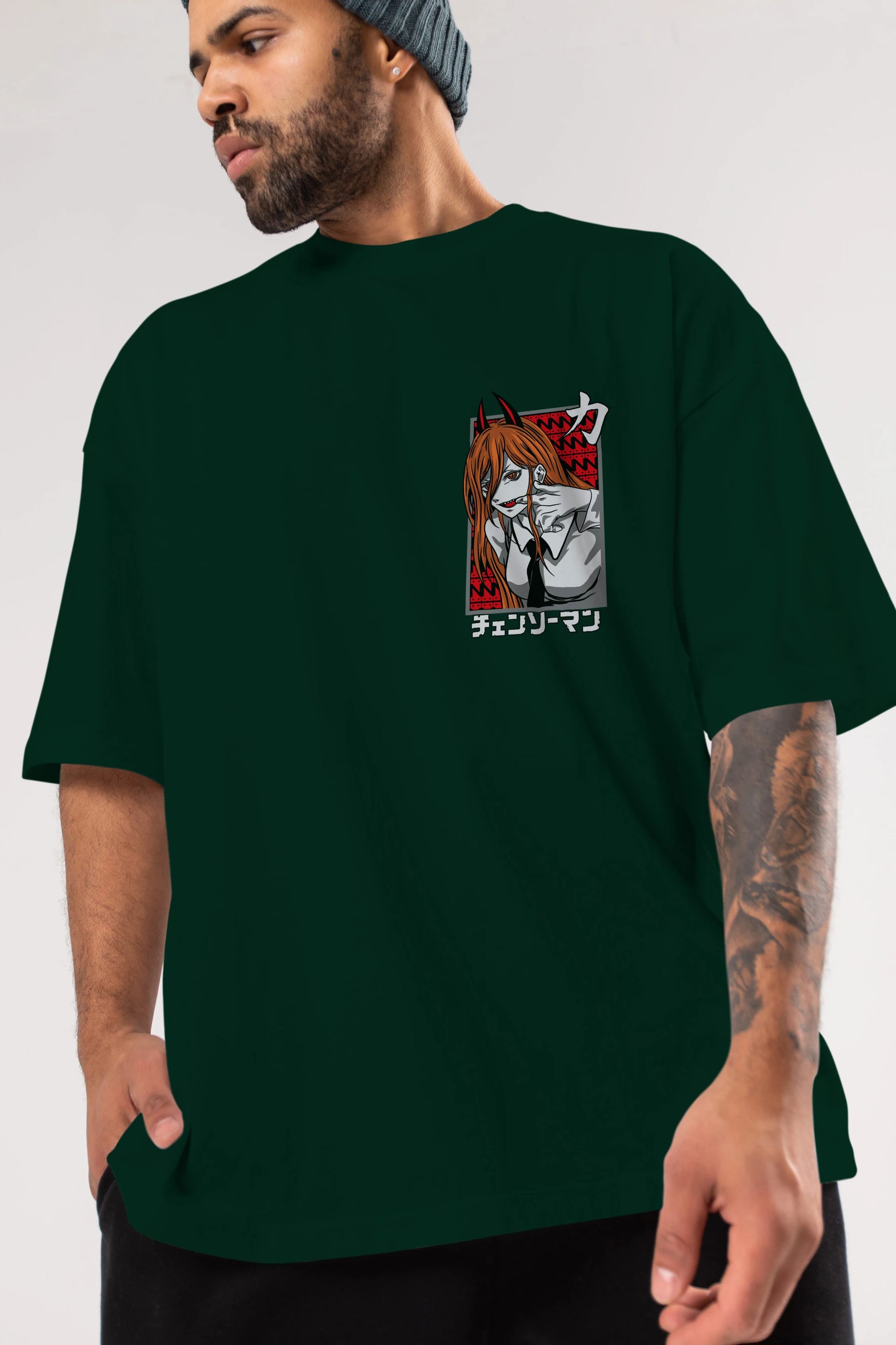 CHAINSAWMAN POWER Ön Sol Baskılı Oversize t-shirt Erkek Kadın Unisex %100 Pamuk Bisiklet Yaka tişort