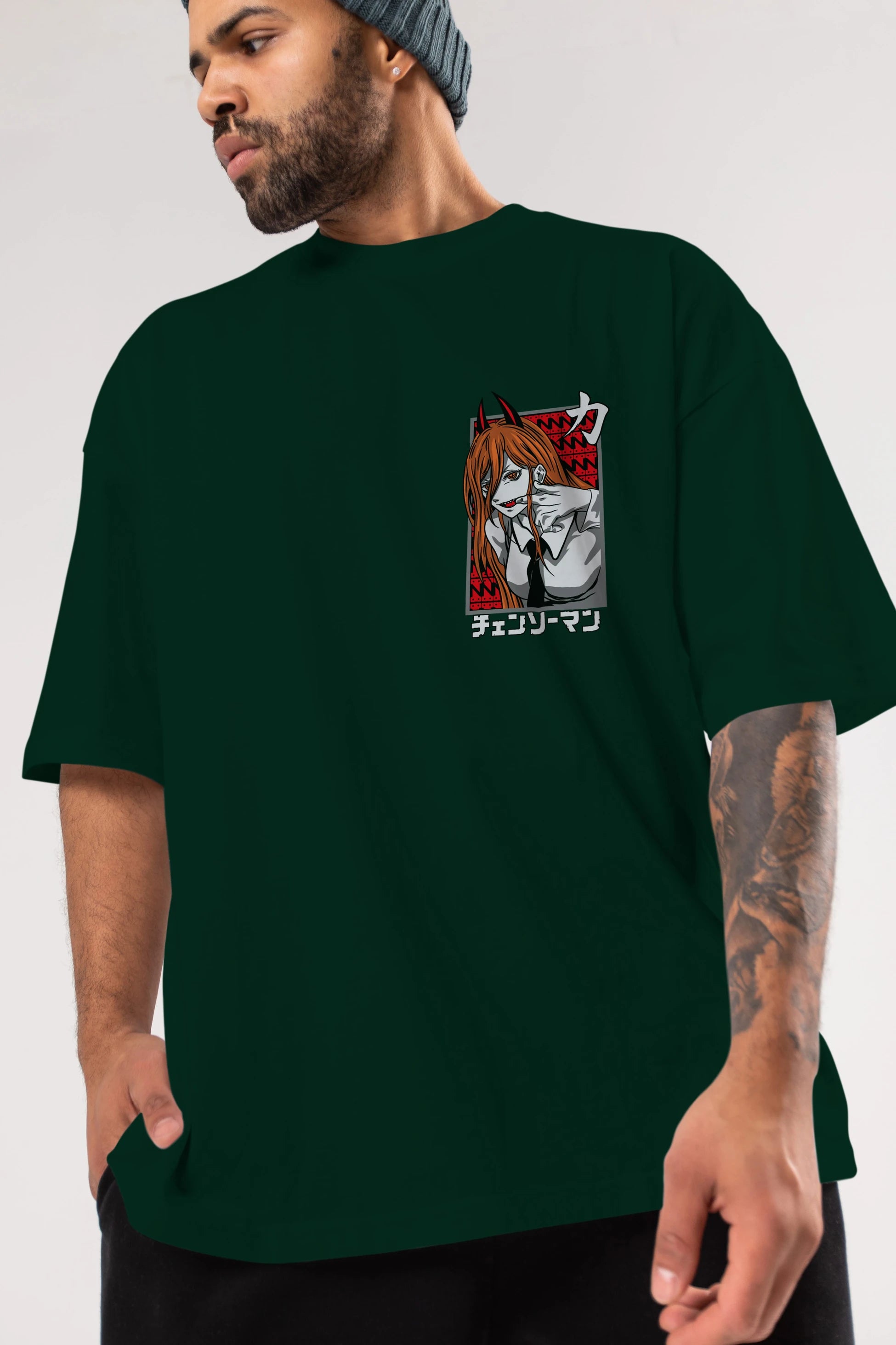 CHAINSAWMAN POWER Ön Sol Baskılı Oversize t-shirt Erkek Kadın Unisex %100 Pamuk Bisiklet Yaka tişort