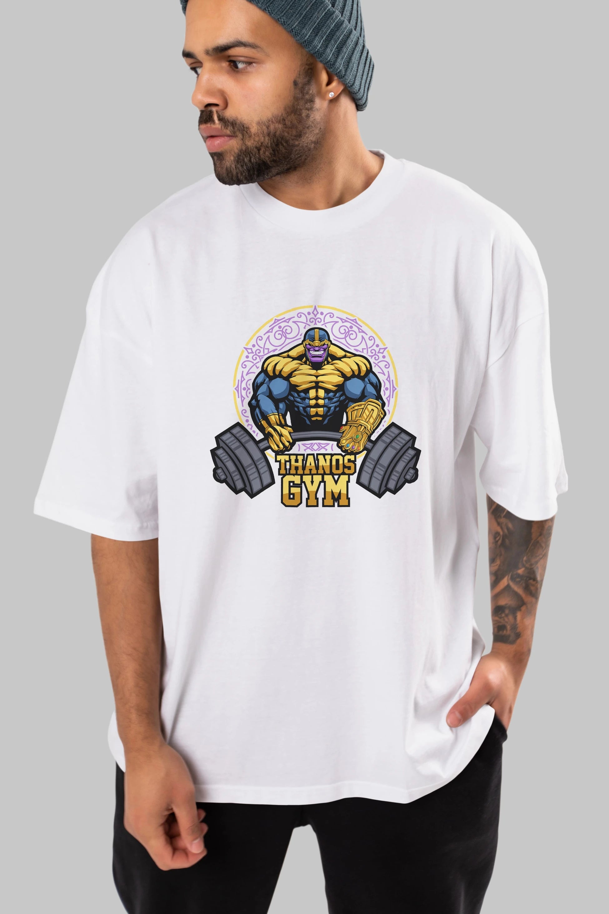 Thanos GYM Ön Baskılı Oversize t-shirt Erkek Kadın Unisex %100 Pamuk Bisiklet Yaka tişort