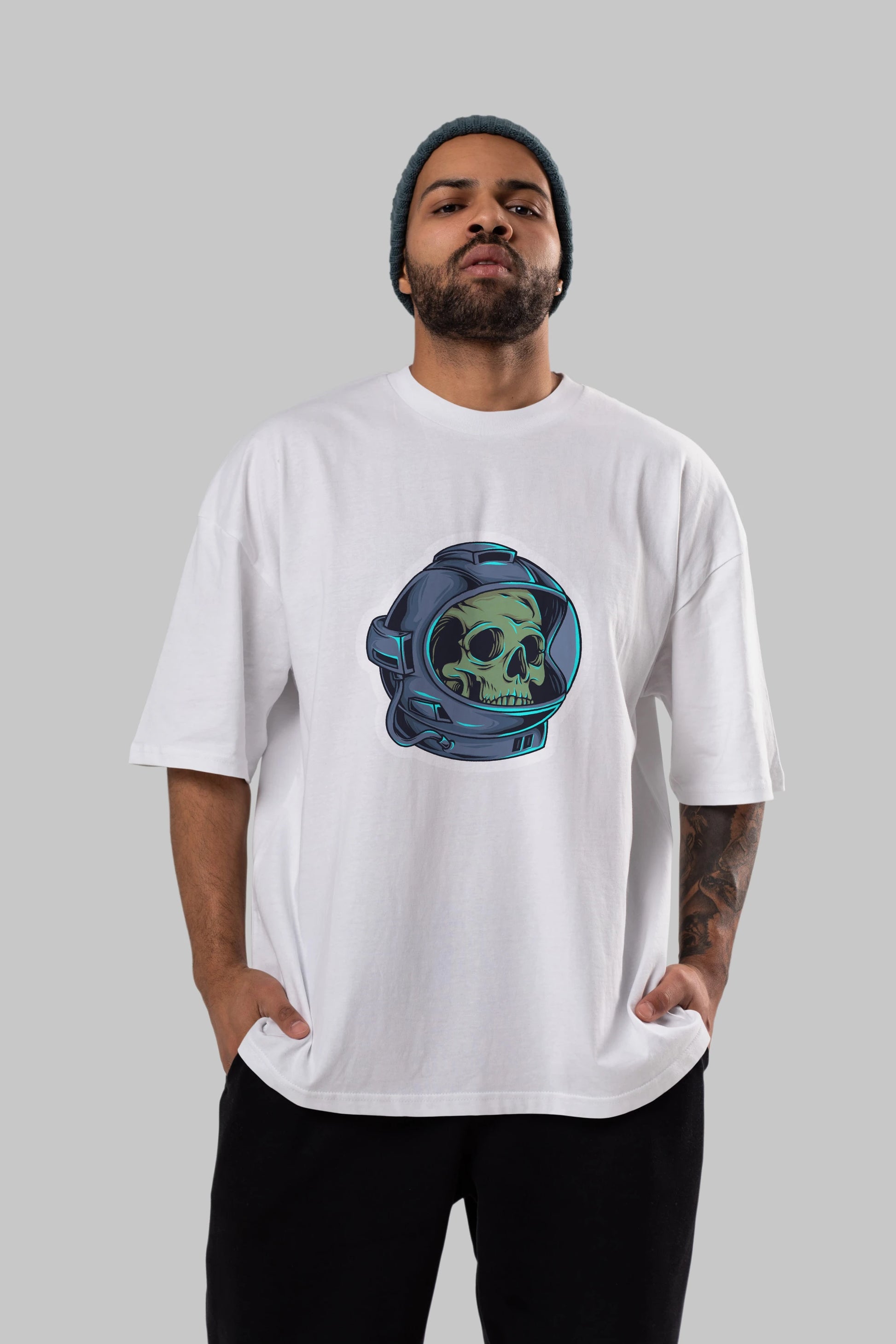 Astroskull Sticker Ön Baskılı Oversize t-shirt Erkek Kadın Unisex