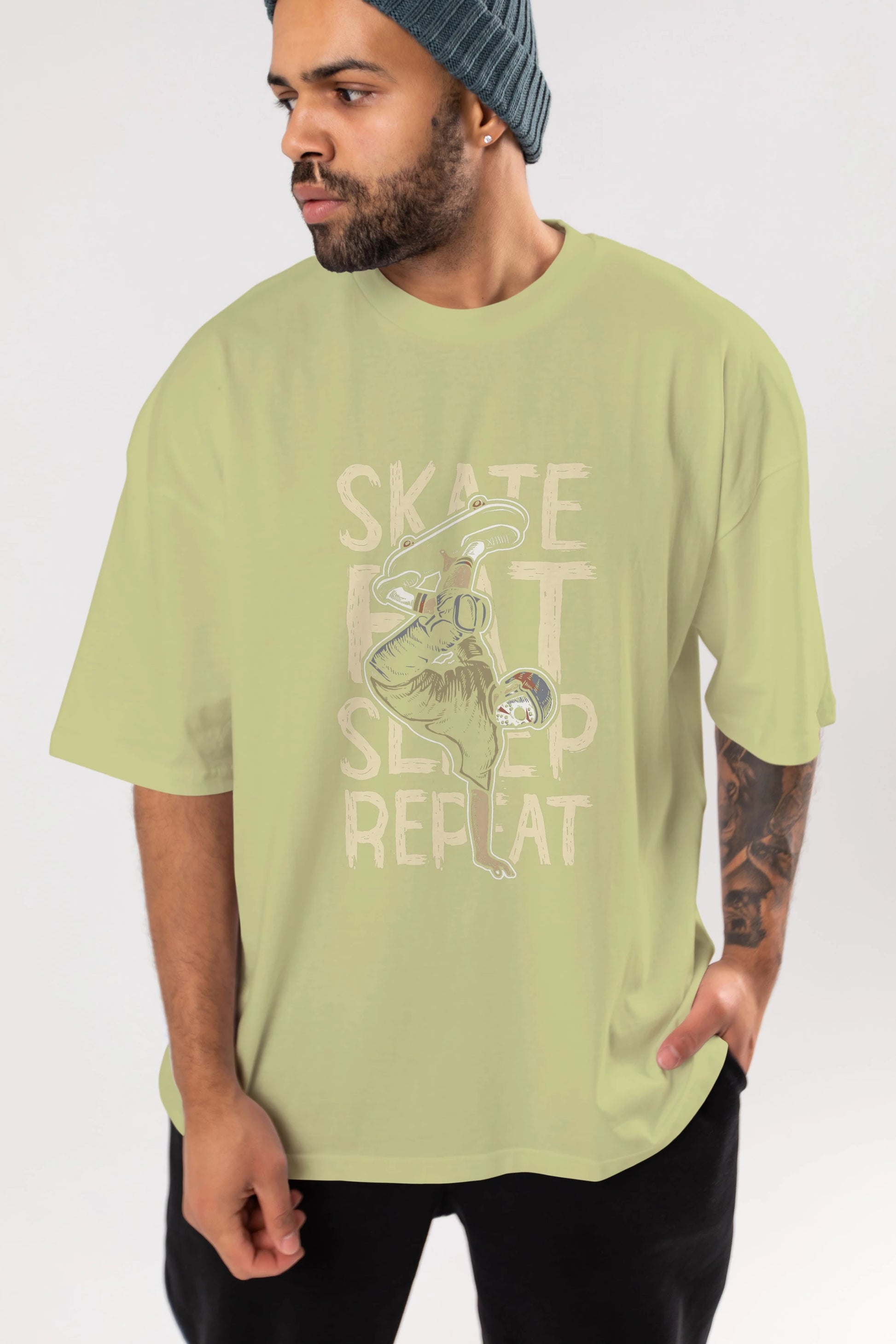 Skate Eat Sleep Repeat Ön Baskılı Oversize t-shirt Erkek Kadın Unisex %100 Pamuk tişort