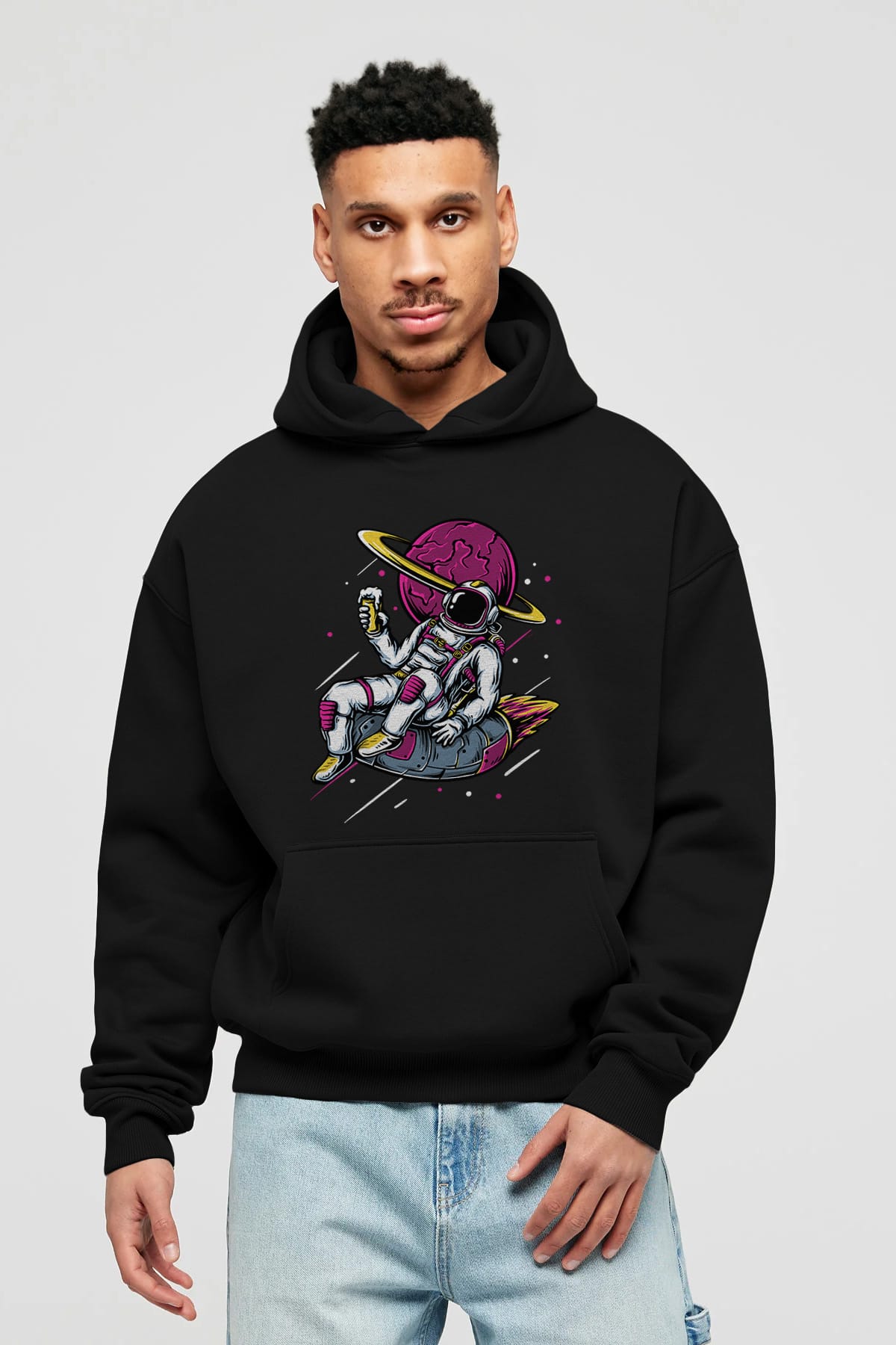 Astronaut Beer Ön Baskılı Oversize Hoodie Kapüşonlu Sweatshirt Erkek Kadın Unisex