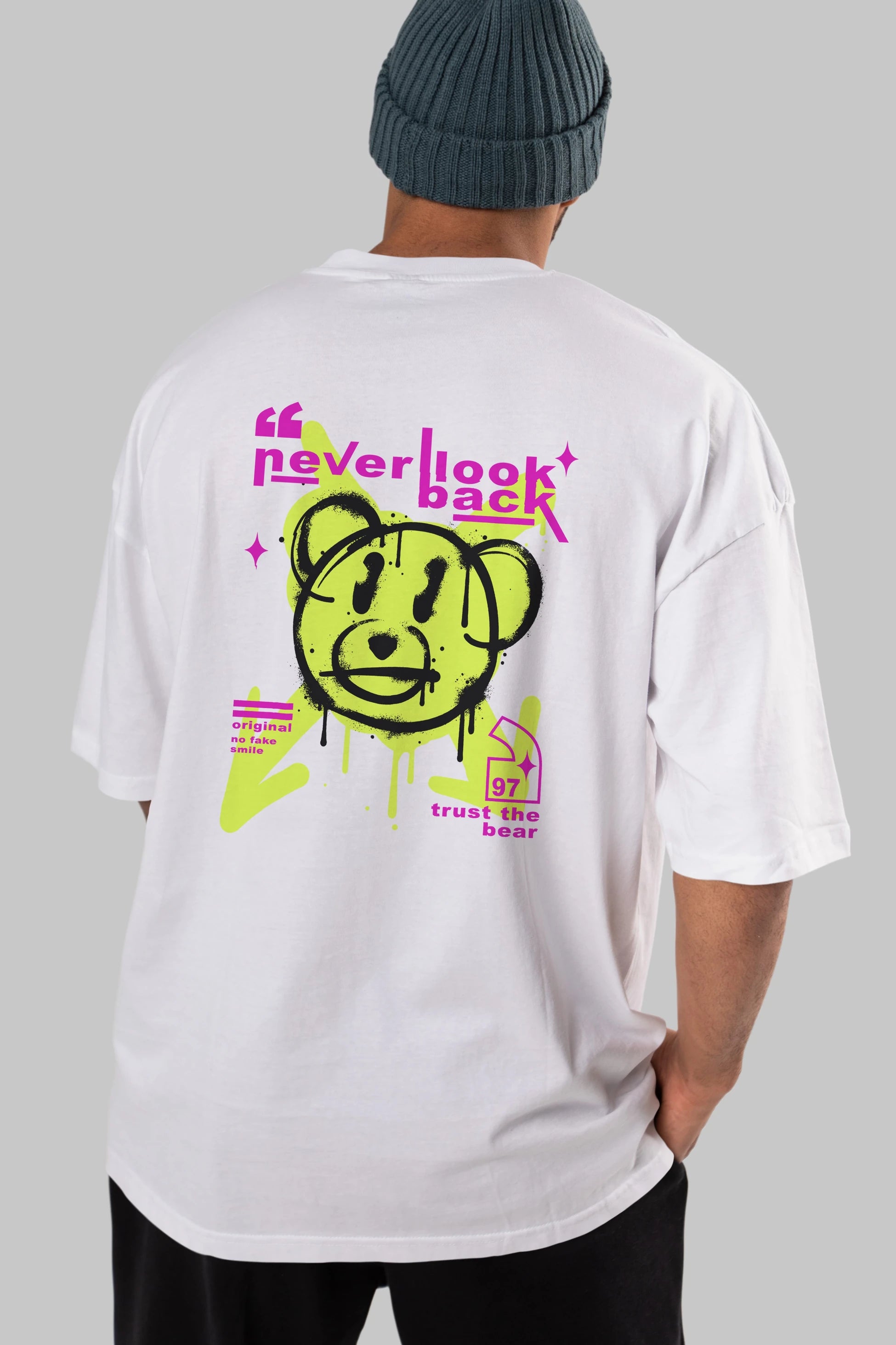 Never Look Back Bear Arka Baskılı Oversize t-shirt Erkek Kadın Unisex