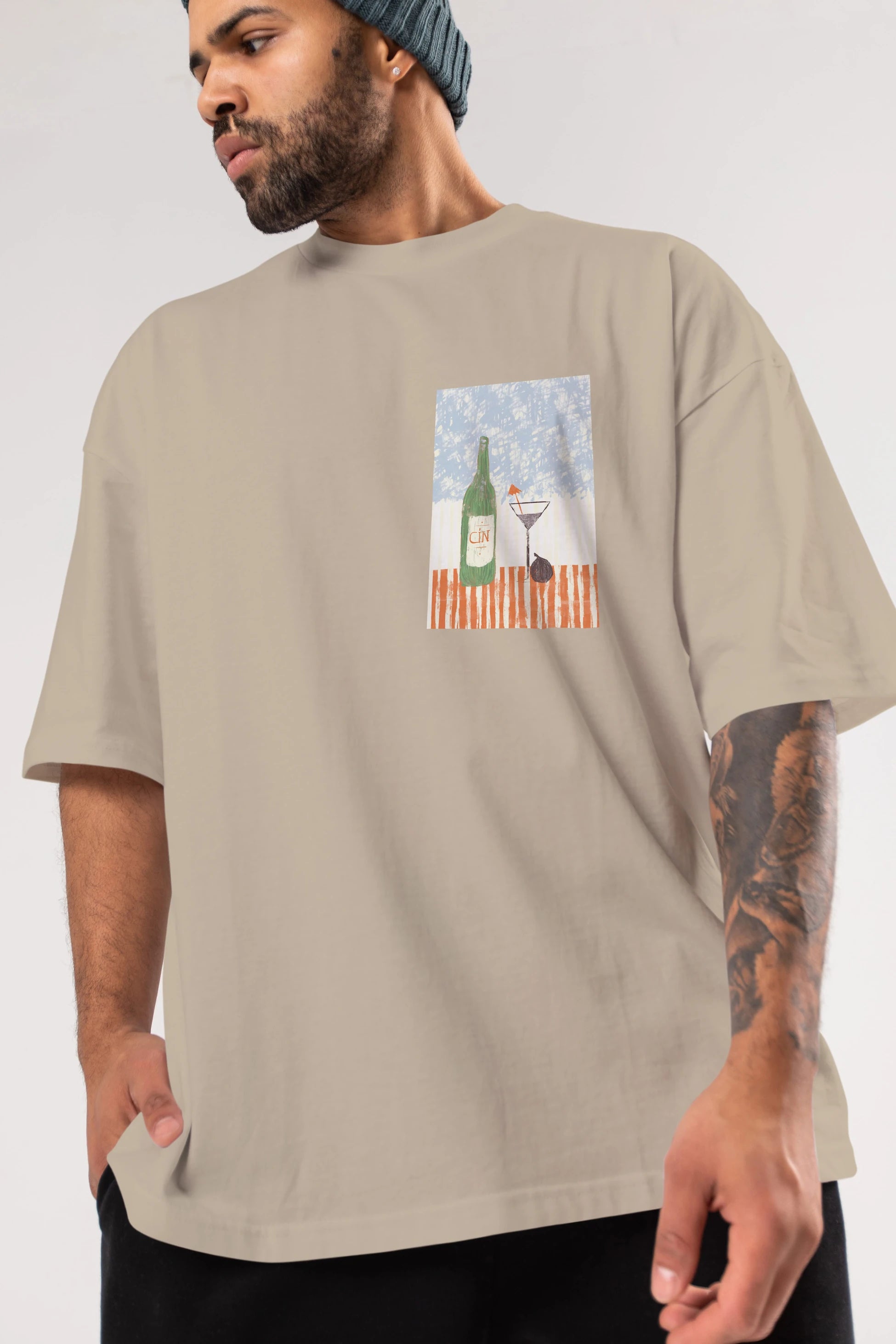 Gin Ön Sol Baskılı Oversize t-shirt Erkek Kadın Unisex %100 Pamuk Bisiklet Yaka tişort