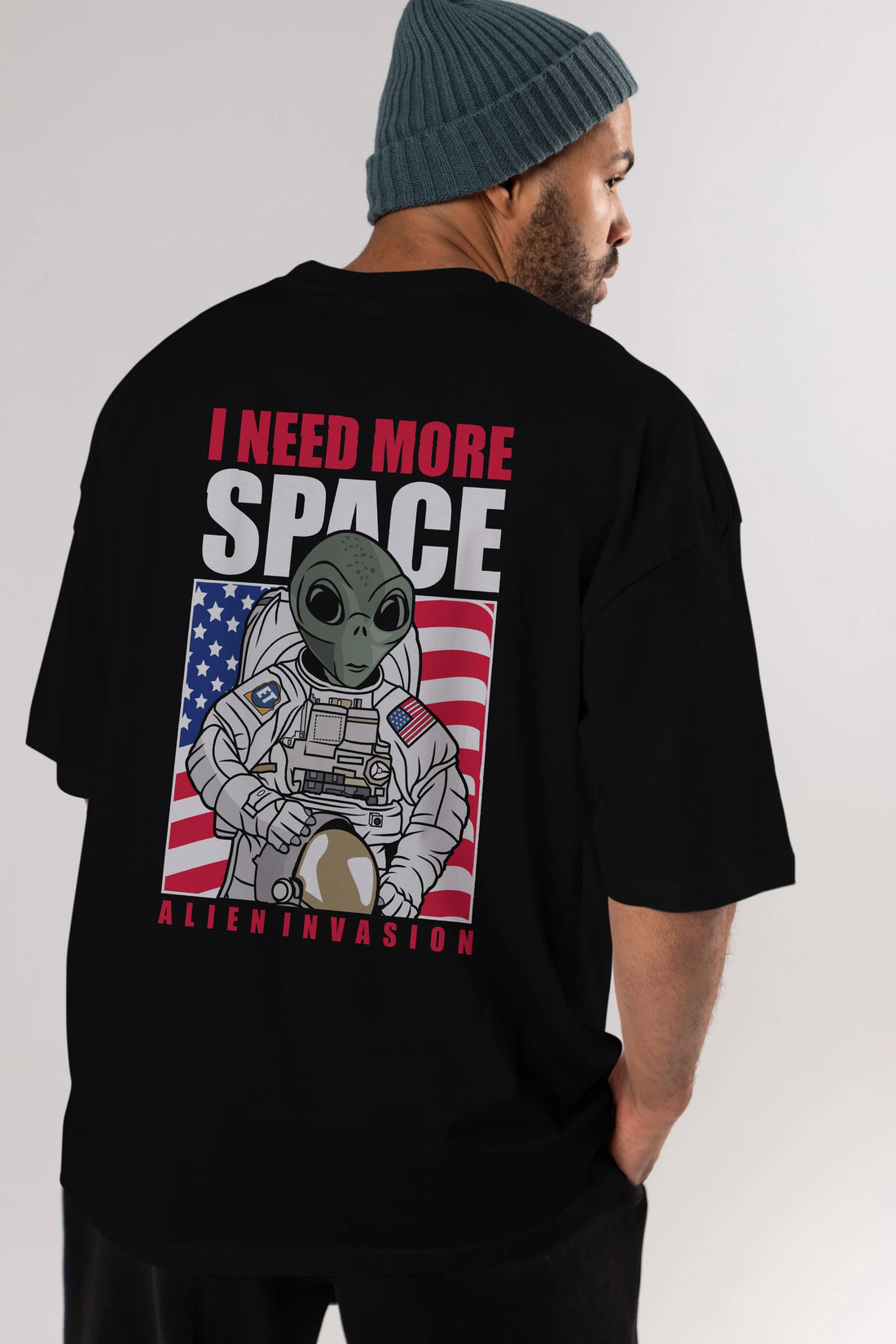 Alien Astronaut Arka Baskılı Oversize t-shirt Erkek Kadın Unisex %100 Pamuk tişort