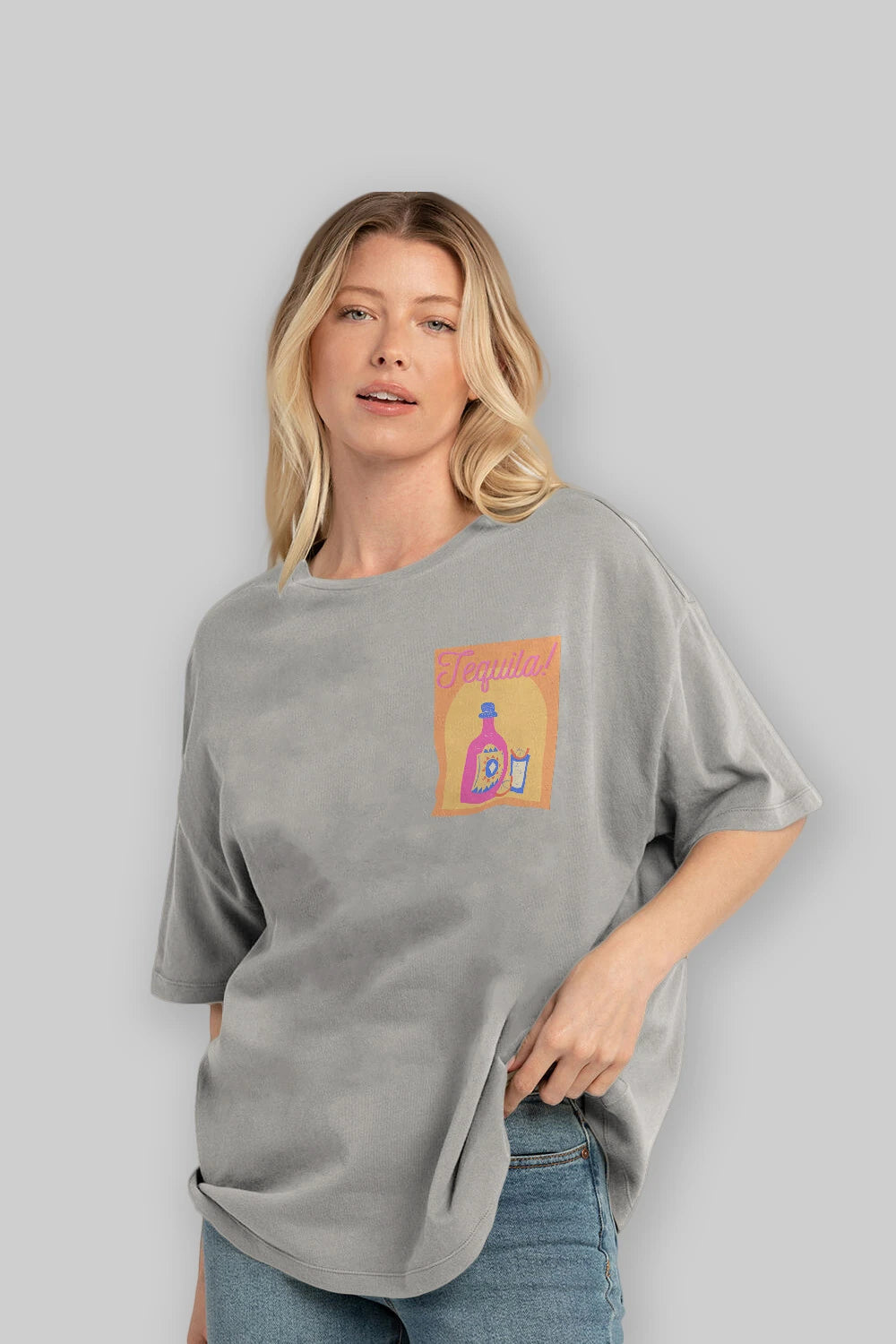 Tequila Ön Sol Baskılı Oversize t-shirt Erkek Kadın Unisex %100 Pamuk Bisiklet Yaka tişort