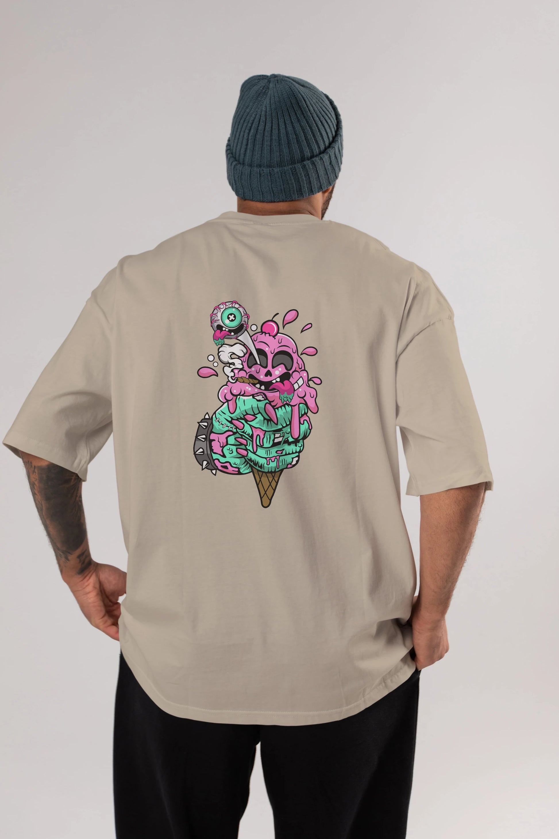 Ice Cream Zombie Arka Baskılı Oversize t-shirt Erkek Kadın Unisex %100 Pamuk tişort