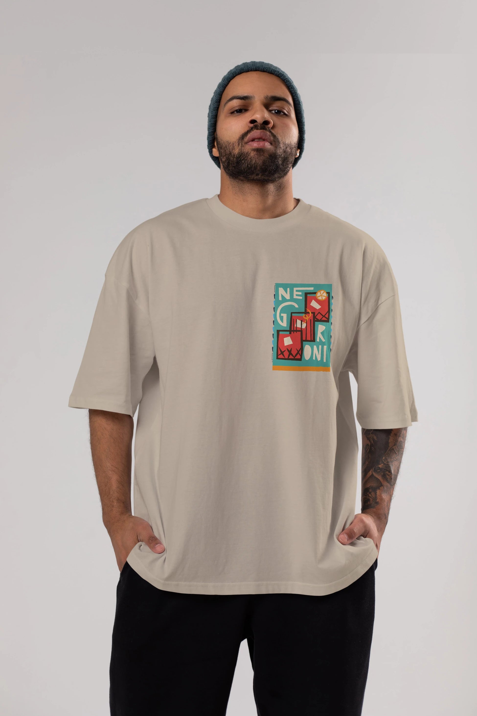 Negroni 3 Ön Sol Baskılı Oversize t-shirt Erkek Kadın Unisex %100 Pamuk Bisiklet Yaka tişort