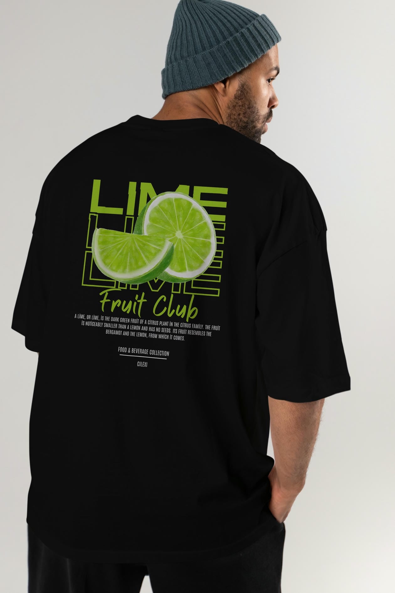 Lime Arka Baskılı Oversize t-shirt Erkek Kadın Pamuk Bisiklet Yaka tişort