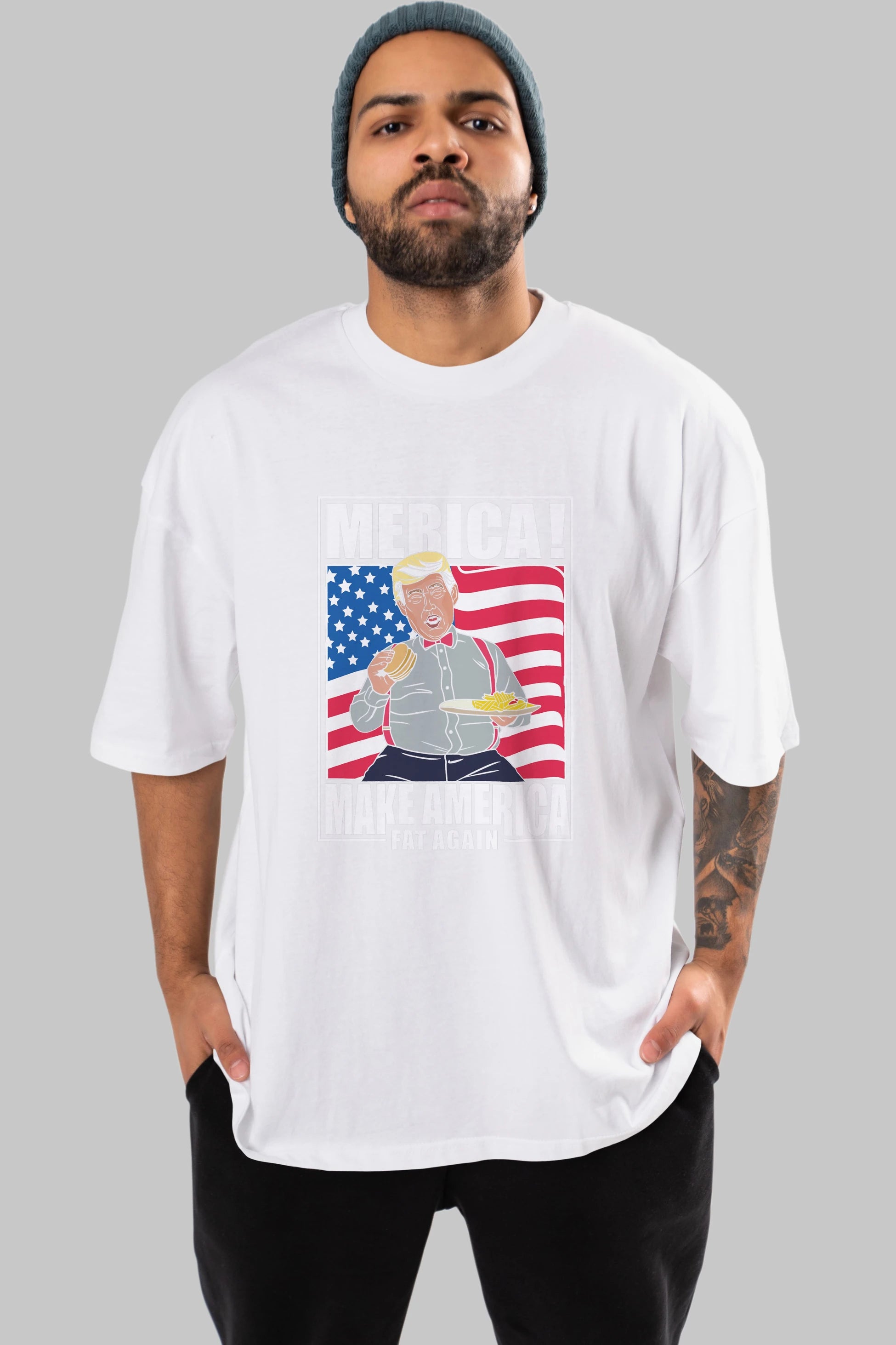 Trump Burger Ön Baskılı Oversize t-shirt Erkek Kadın Unisex %100 Pamuk tişort