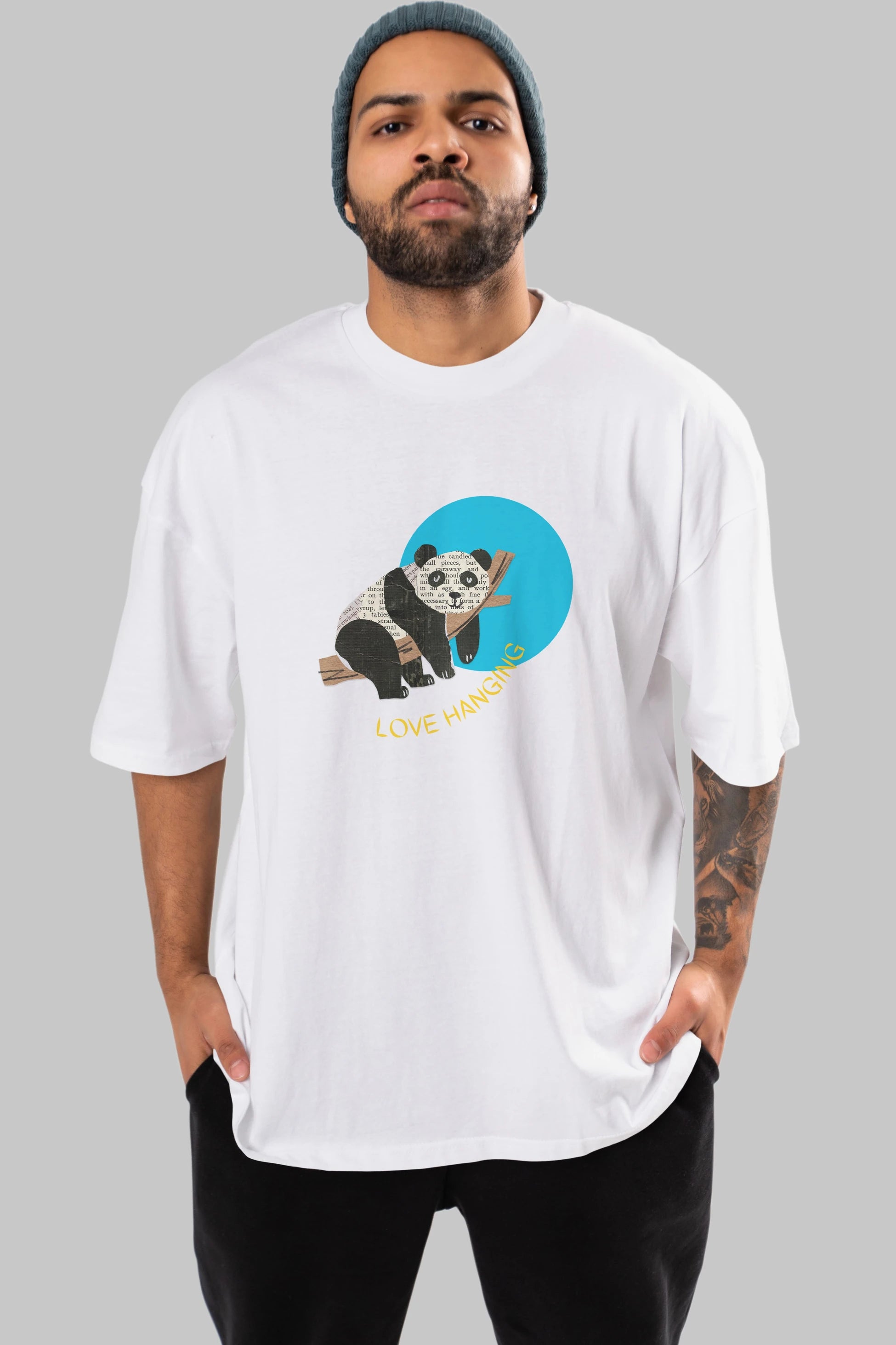 Panda Love Hanging Ön Baskılı Oversize t-shirt Erkek Kadın Unisex