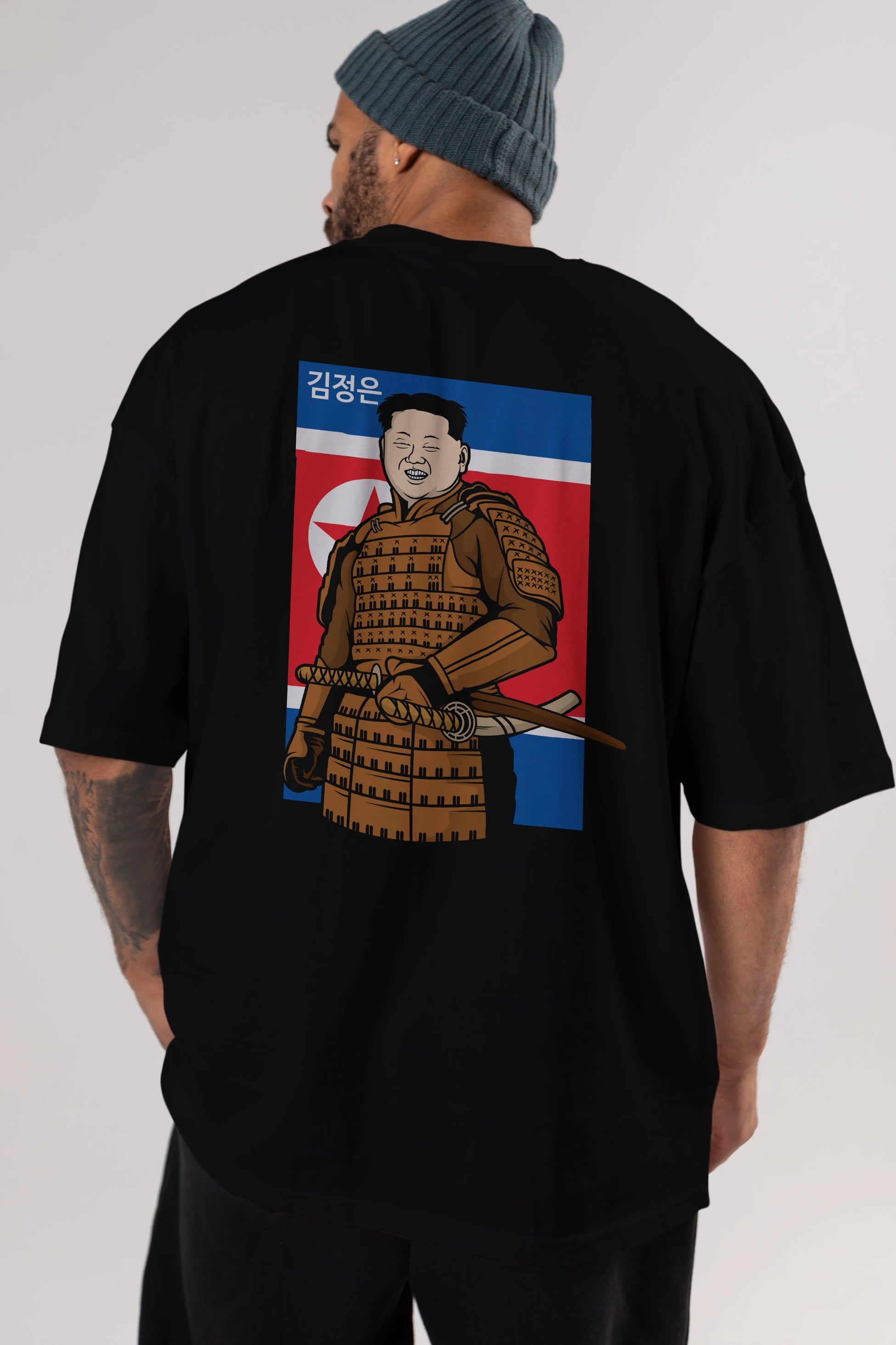Samurai Jong Un Arka Baskılı Oversize t-shirt Erkek Kadın Unisex %100 Pamuk tişort