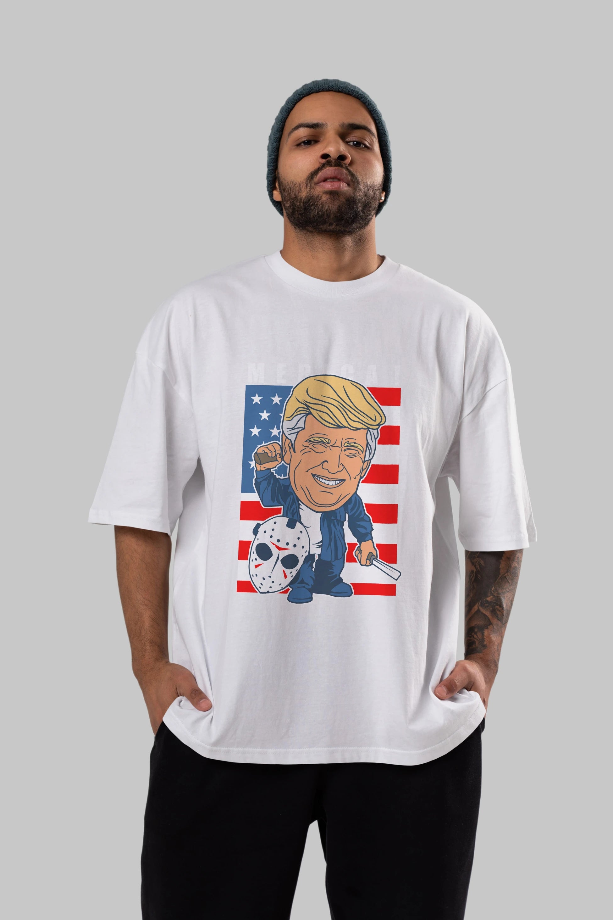 Jason Voorhess Trump Ön Baskılı Oversize t-shirt Erkek Kadın Unisex %100 Pamuk tişort