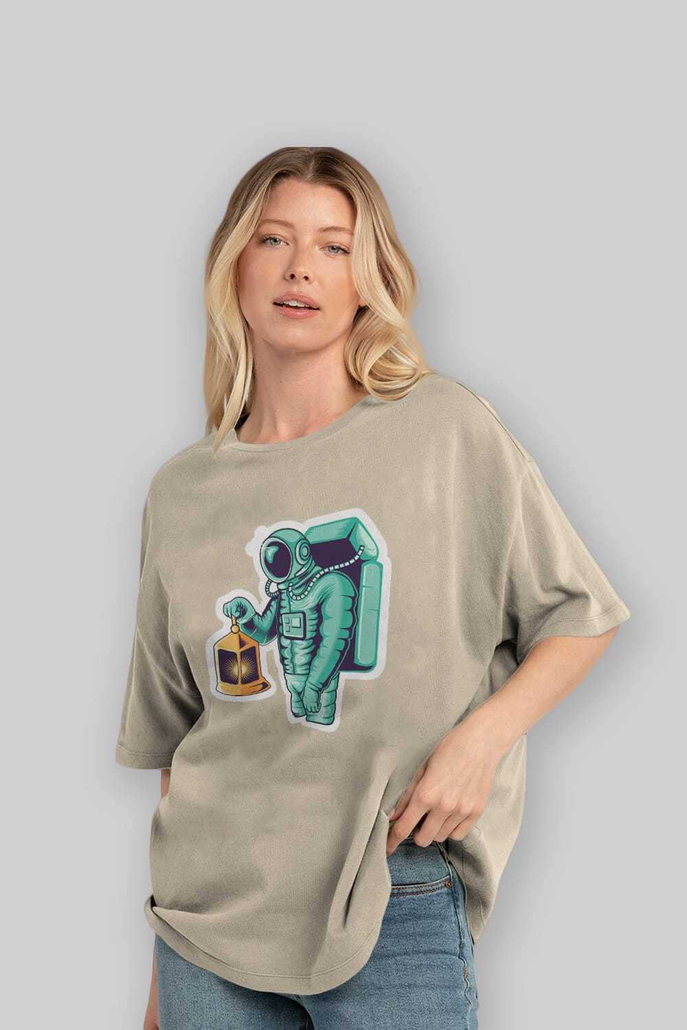 Astronaut Lantern Sticker Ön Baskılı Oversize t-shirt Erkek Kadın Unisex