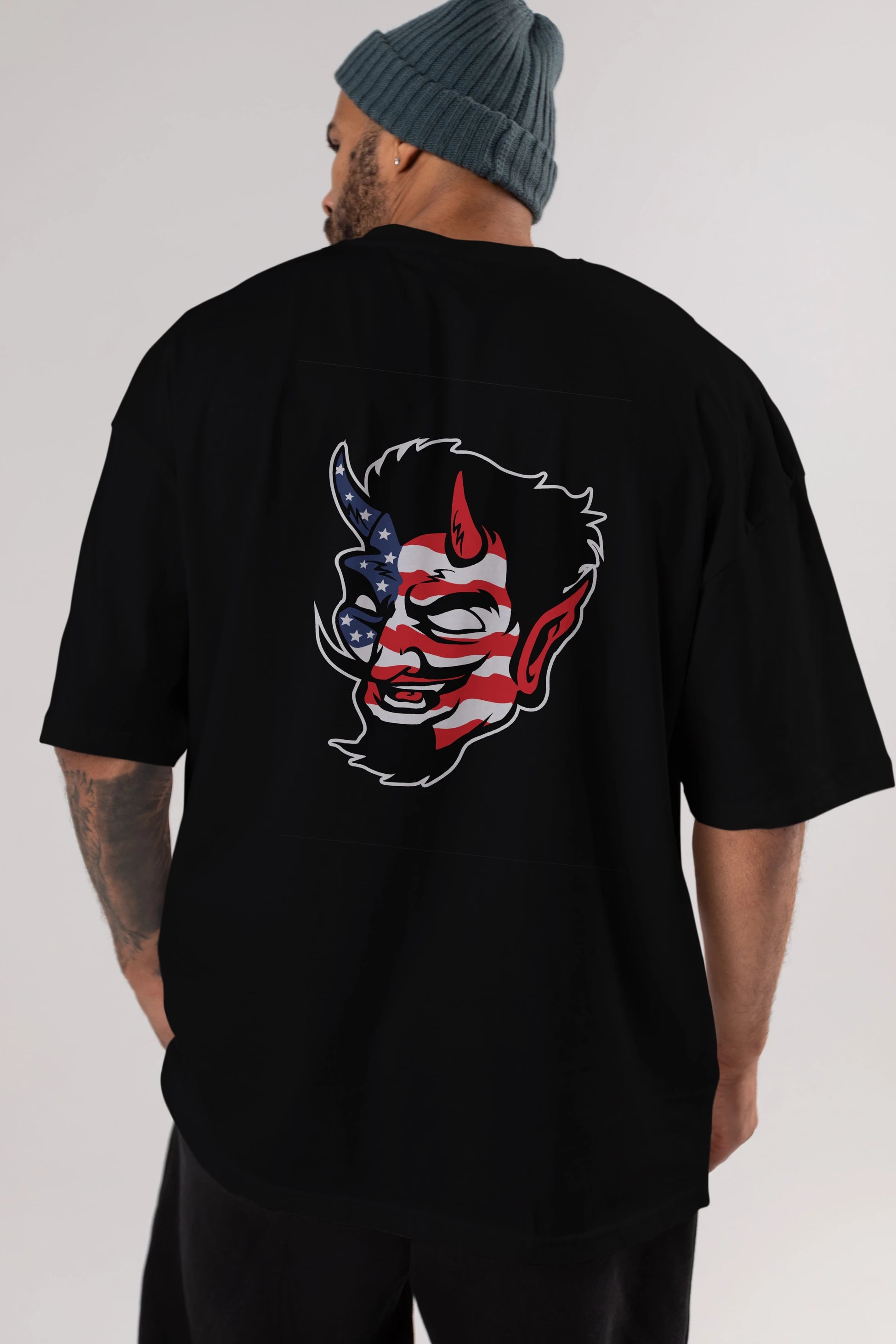 American Devil Arka Baskılı Oversize t-shirt Erkek Kadın Unisex %100 Pamuk tişort