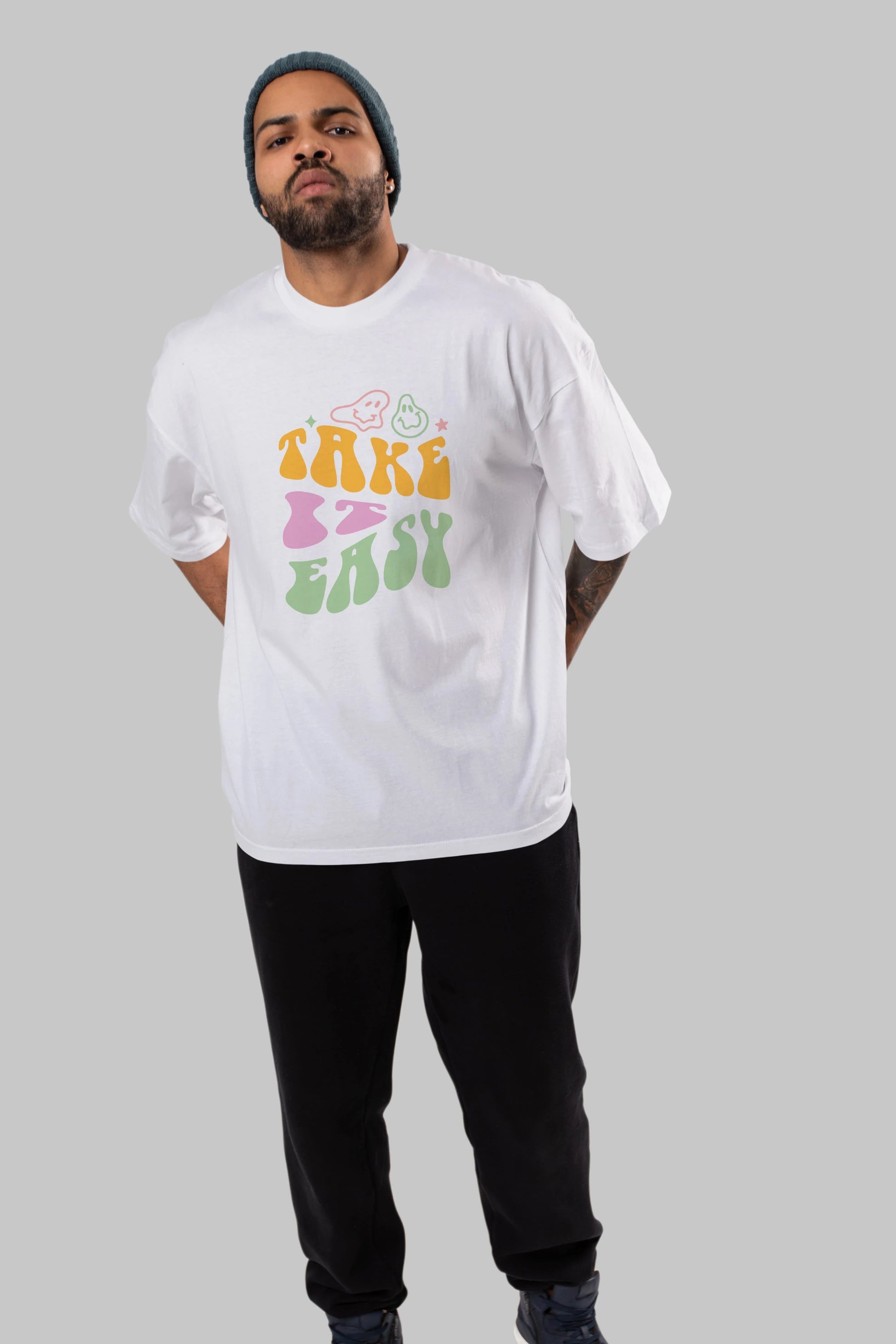 Take it Easy Yazılı Ön Baskılı Oversize t-shirt Erkek Kadın Unisex