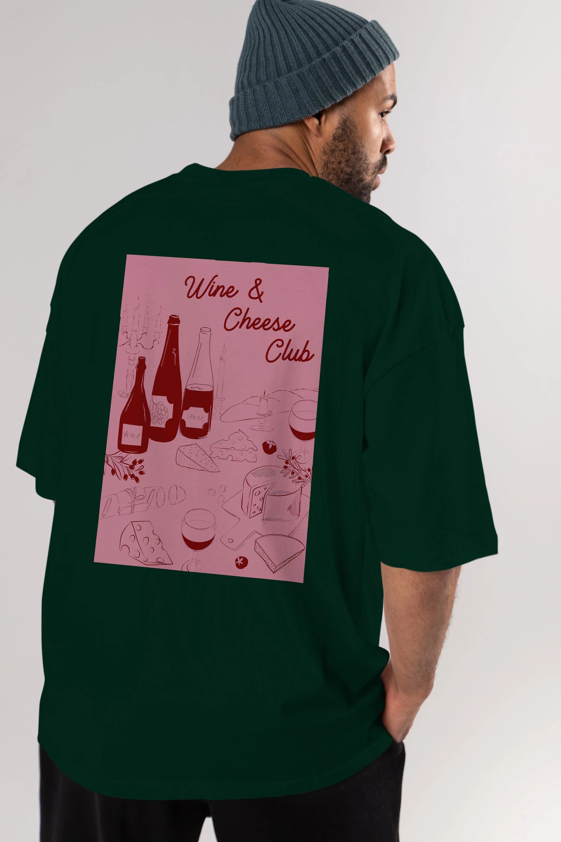 Wine Cheese Club Arka Baskılı Oversize t-shirt Erkek Kadın Unisex %100 Pamuk Bisiklet Yaka tişort