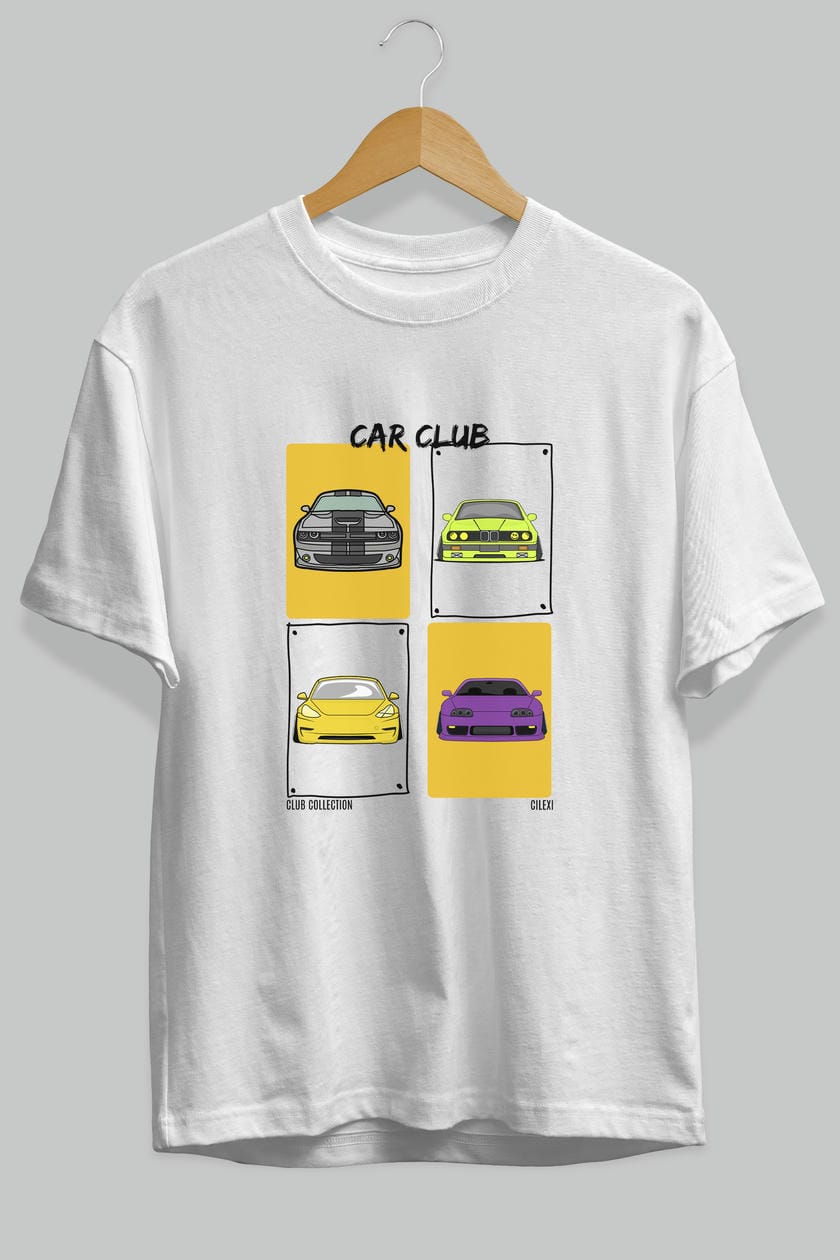 Car Club ön Baskılı Oversize t-shirt Erkek Kadın %100 Pamuk Bisiklet Yaka tişort