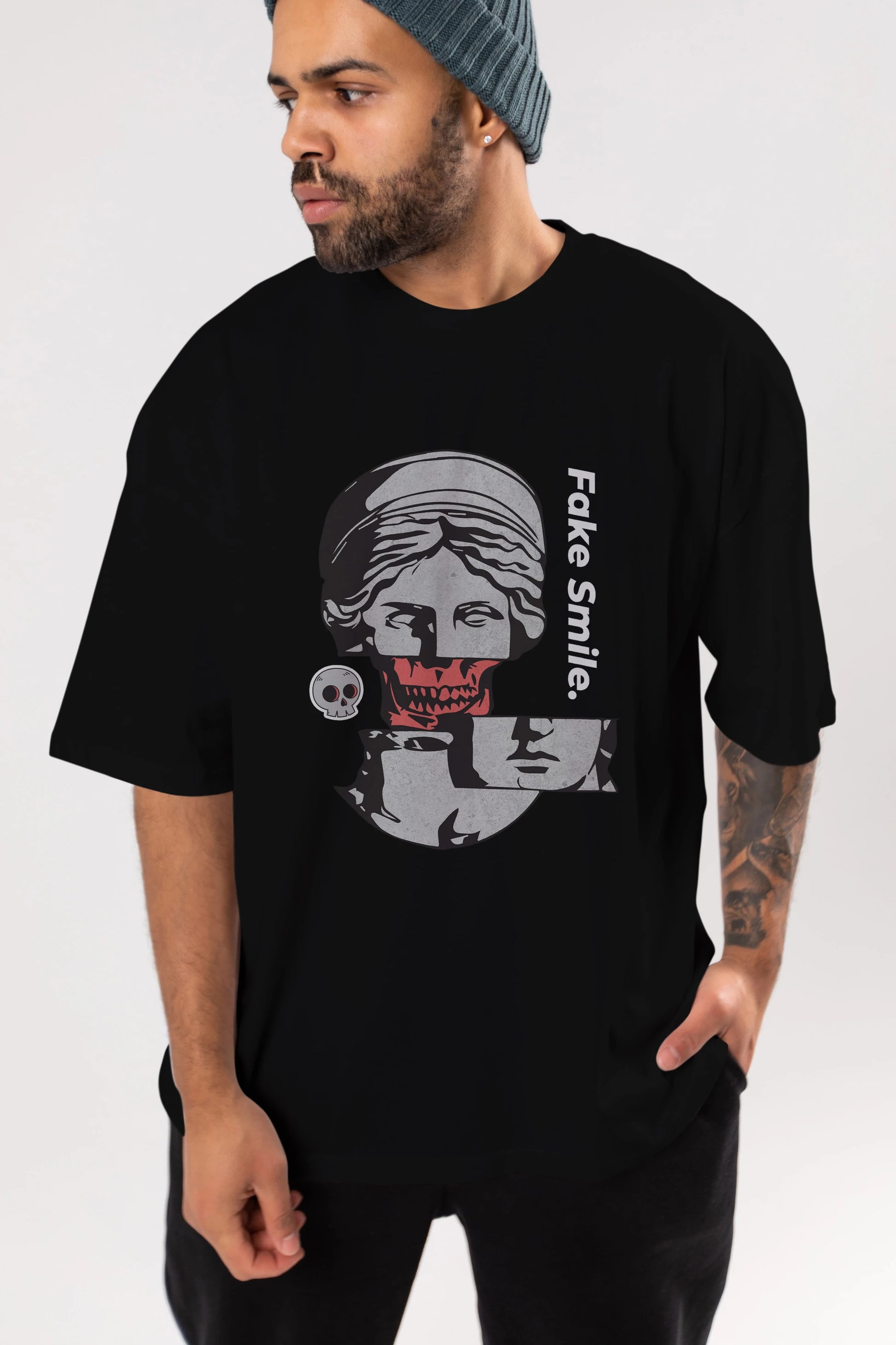 Fake Smile Yazılı Ön Baskılı Oversize t-shirt Erkek Kadın Unisex