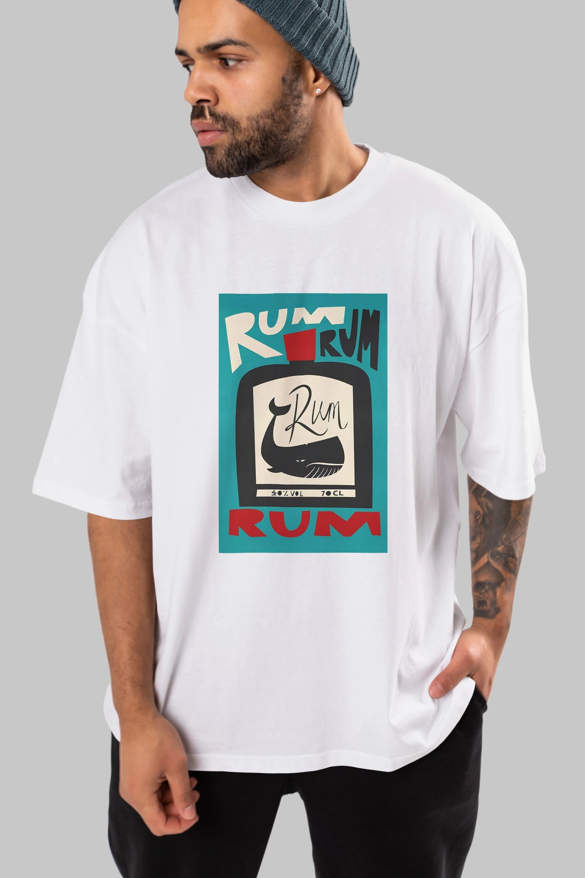 Rum Ön Baskılı Oversize t-shirt Erkek Kadın Unisex %100 Pamuk Bisiklet Yaka tişort