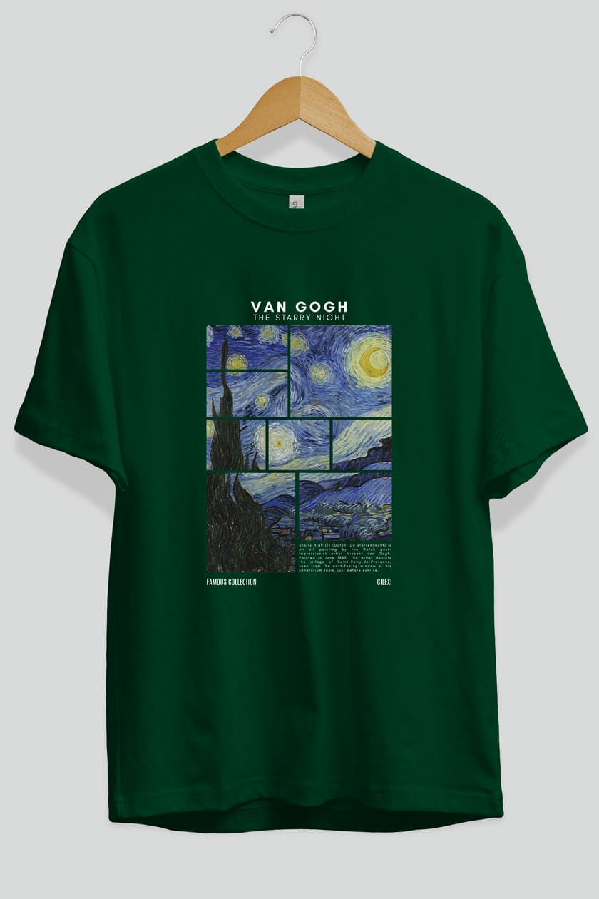 Van Gogh The Starry Night ön Baskılı Oversize t-shirt Erkek Kadın Bisiklet Yaka Pamuk tişort