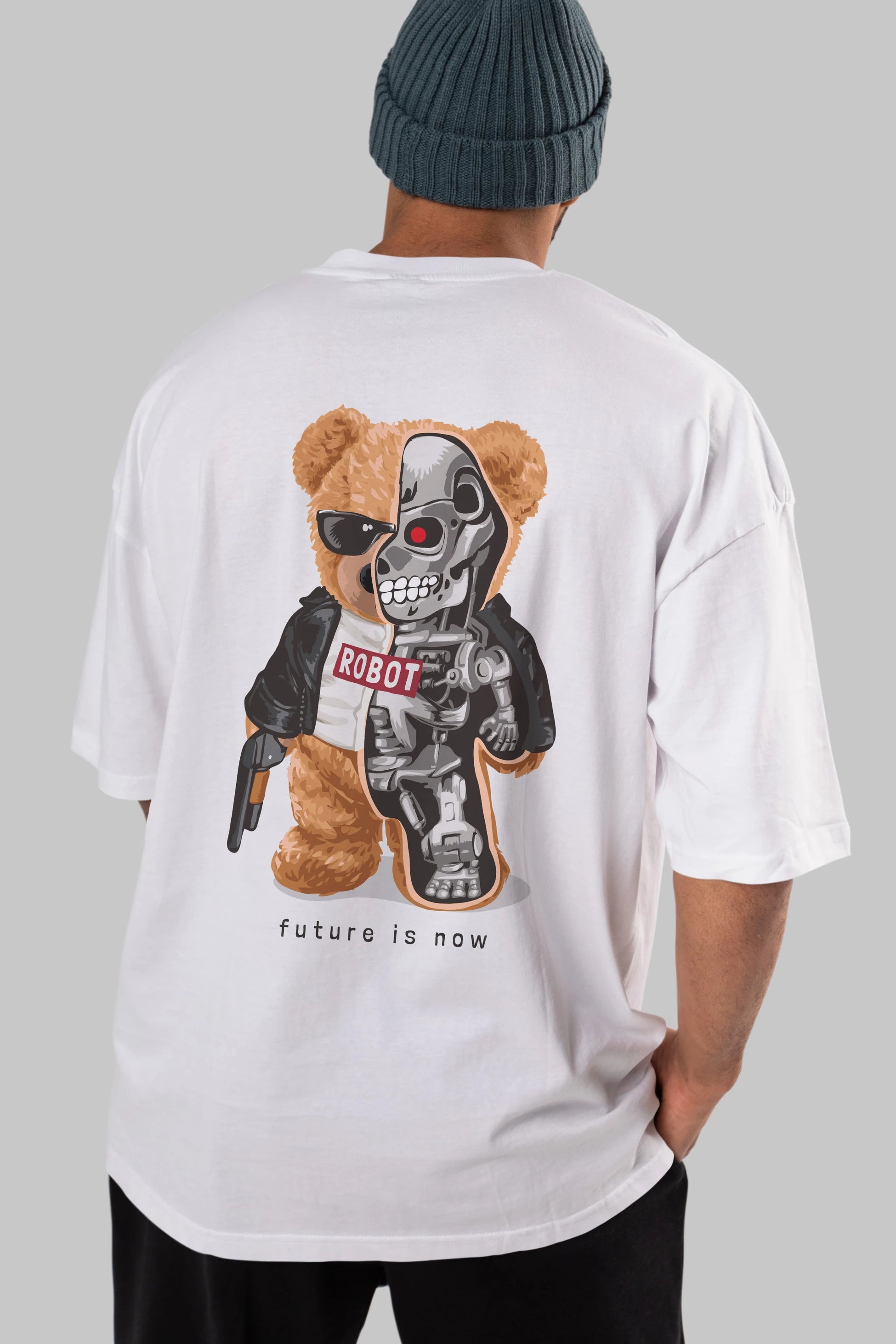 Teddy Bear Robot Arka Baskılı Oversize t-shirt Erkek Kadın Unisex %100 Pamuk