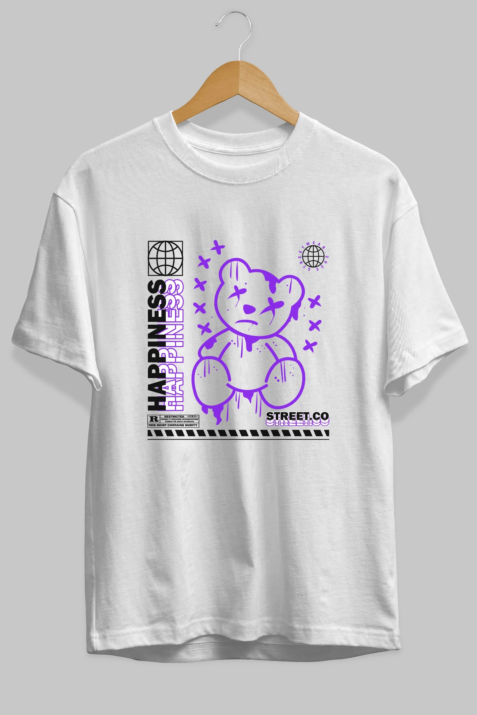 Happiness Bear 3 Ön Baskılı Oversize t-shirt Erkek Kadın Unisex