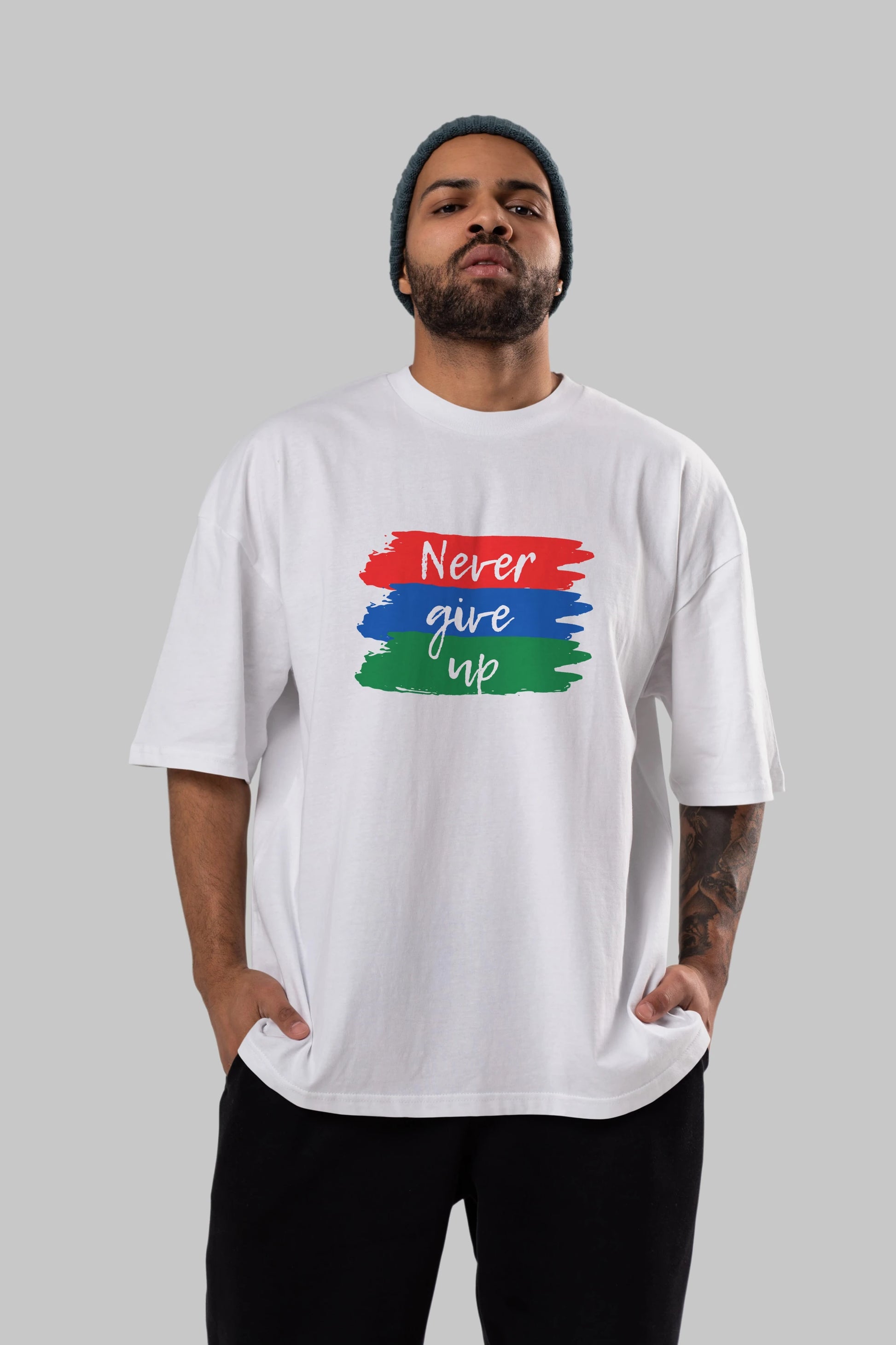 Never Give Up Yazılı Ön Baskılı Oversize t-shirt Erkek Kadın Unisex
