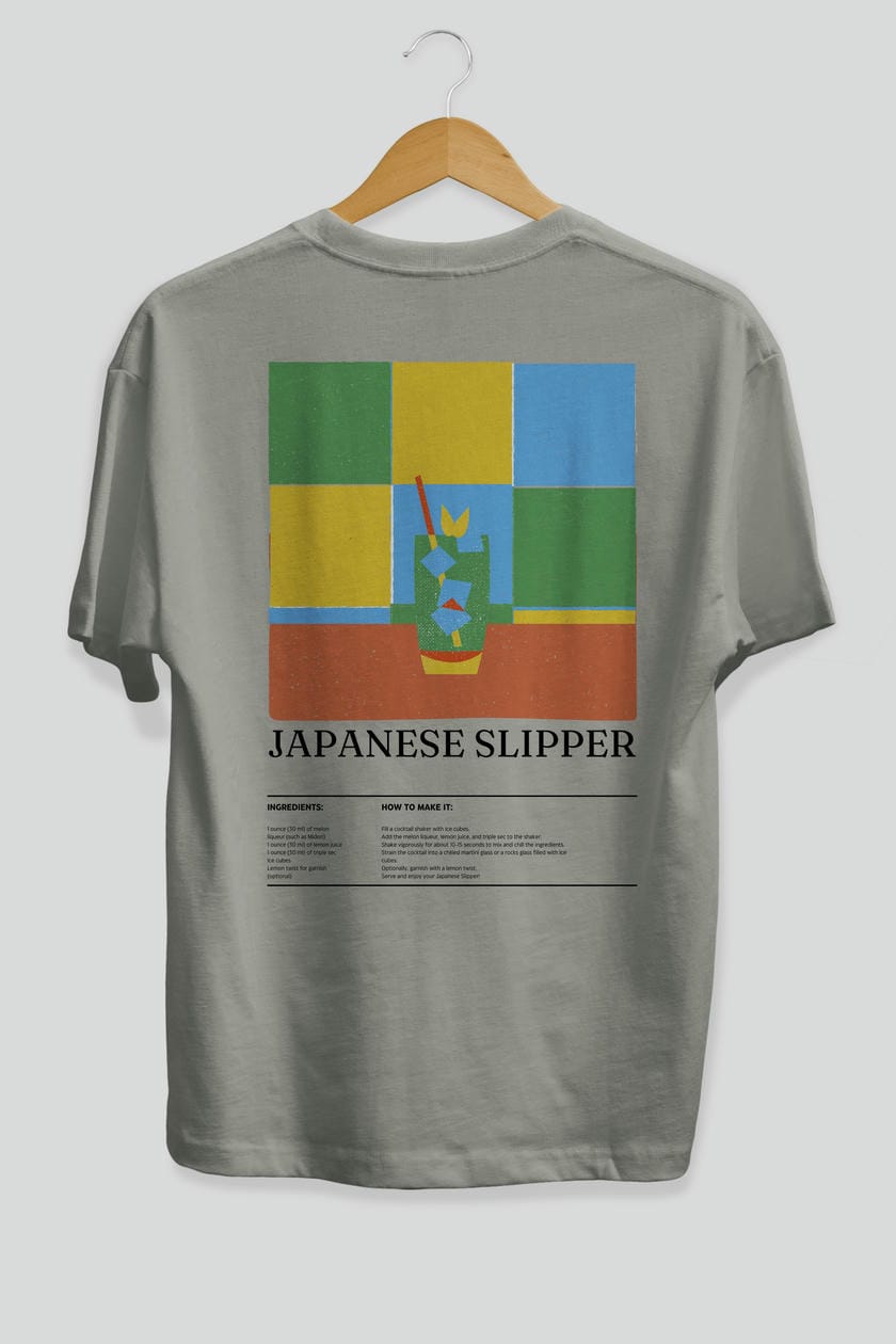 Japanese Slipper Kokteyl Serisi Arka Baskılı Oversize t-shirt Erkek Kadın %100 Pamuk Bisiklet Yaka tişort