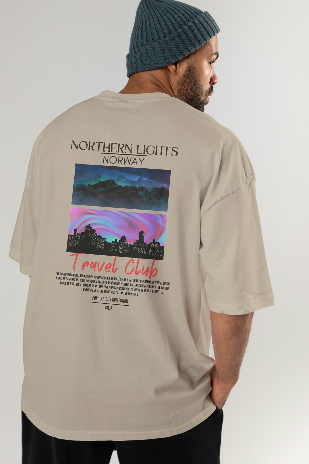 Northern Lights Norway Arka Baskılı Oversize t-shirt Erkek Kadın Pamuk Bisiklet Yaka tişort