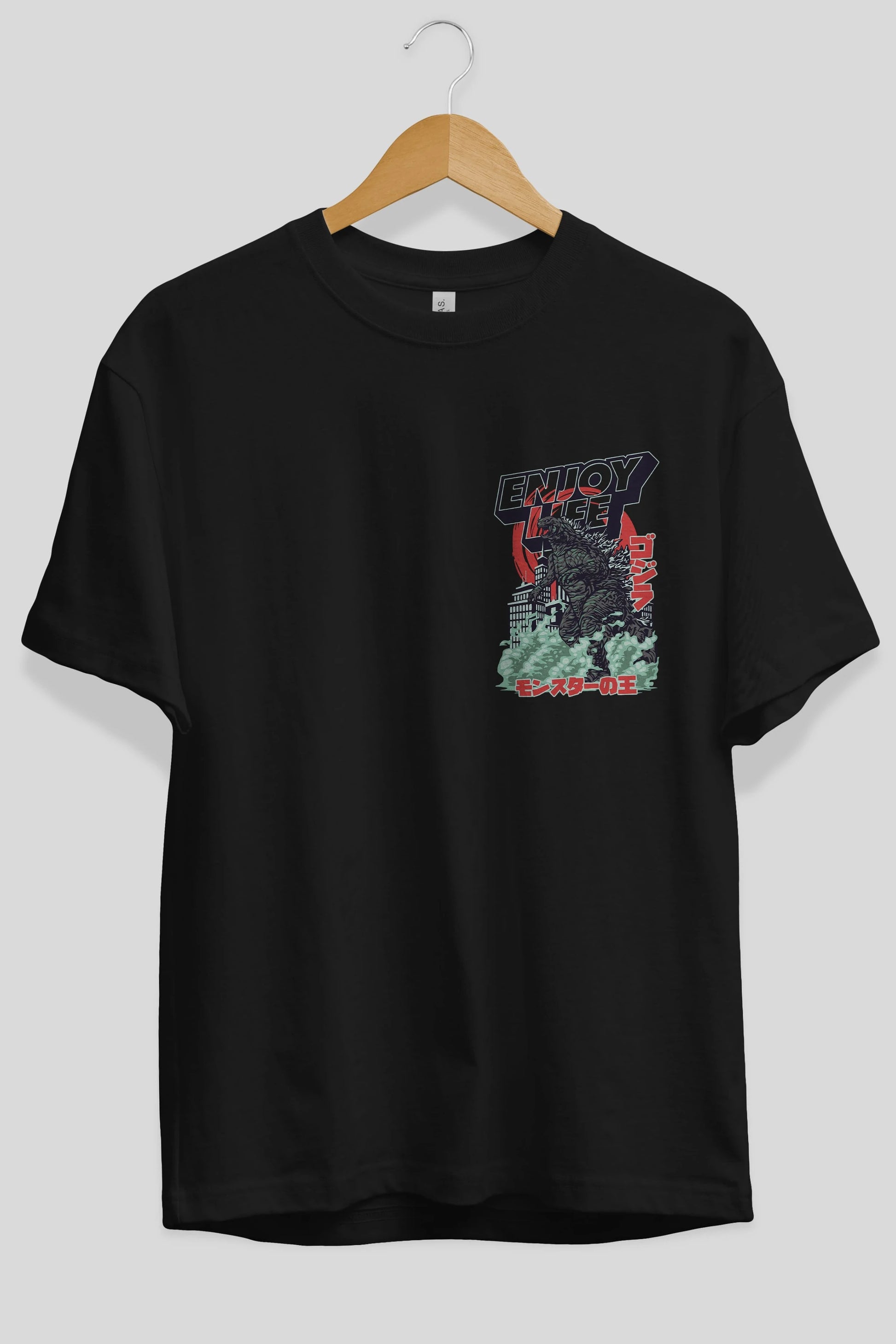 Godzilla Ön Sol Baskılı Oversize t-shirt Erkek Kadın Unisex %100 Pamuk Bisiklet Yaka tişort
