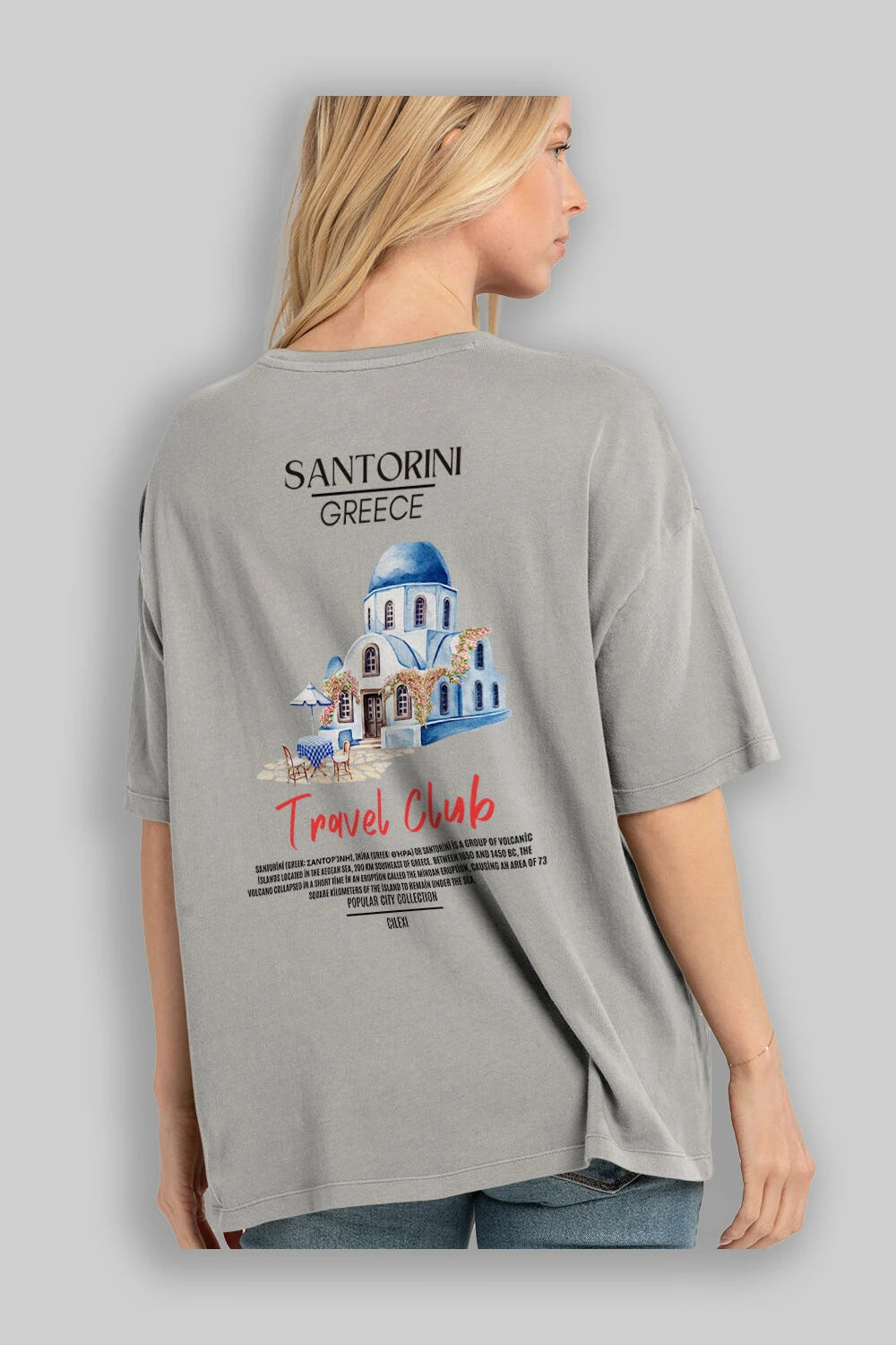 Santorini Greece Arka Baskılı Oversize t-shirt Erkek Kadın Pamuk Bisiklet Yaka tişort