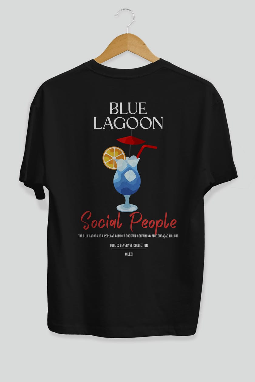 Blue Lagoon Kokteyl Serisi Baskılı Oversize t-shirt Erkek Kadın Unisex %100 Pamuk Bisiklet Yaka tişort