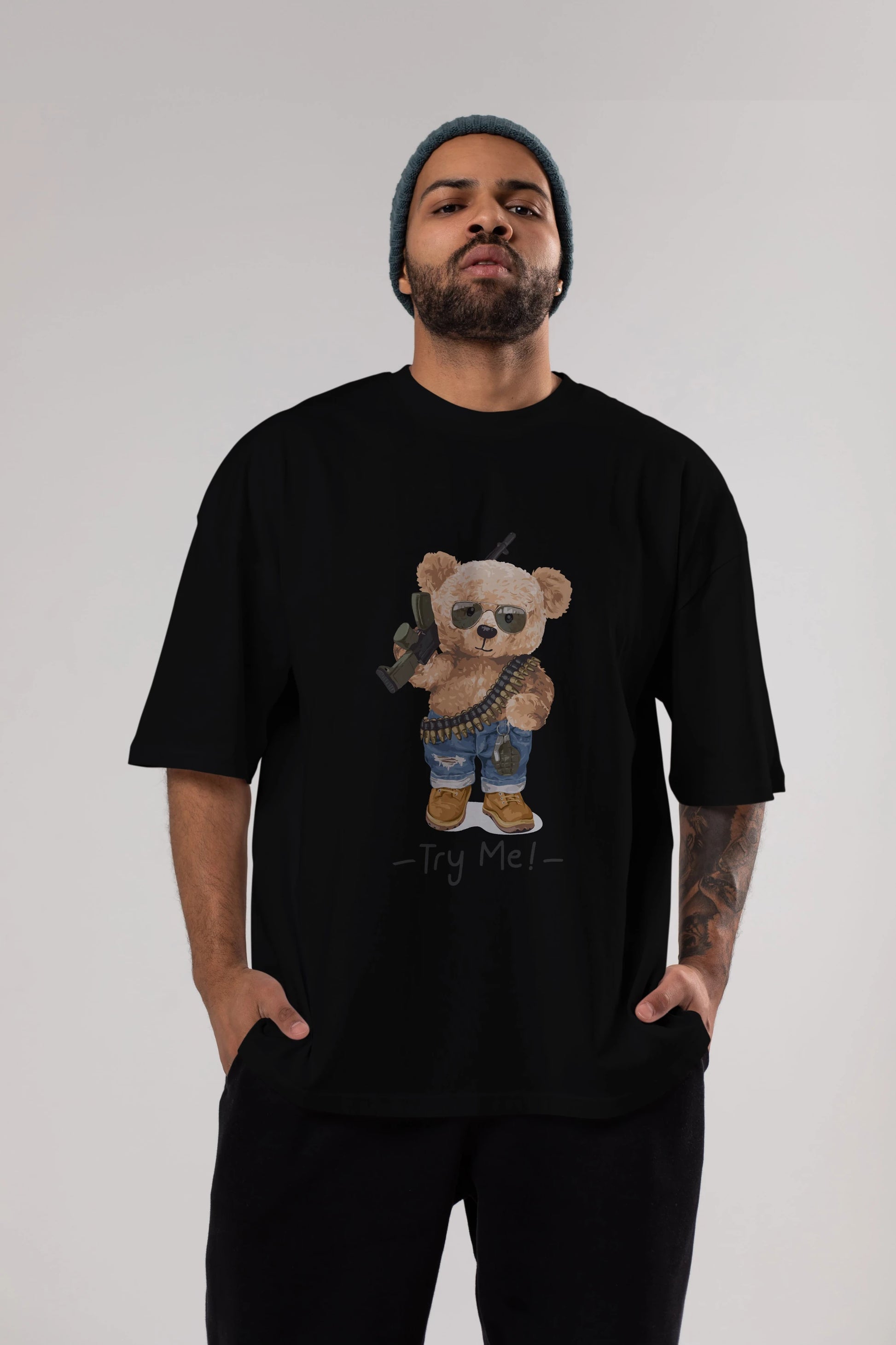 Teddy Bear Try Me Ön Baskılı Oversize t-shirt Erkek Kadın Unisex %100 Pamuk