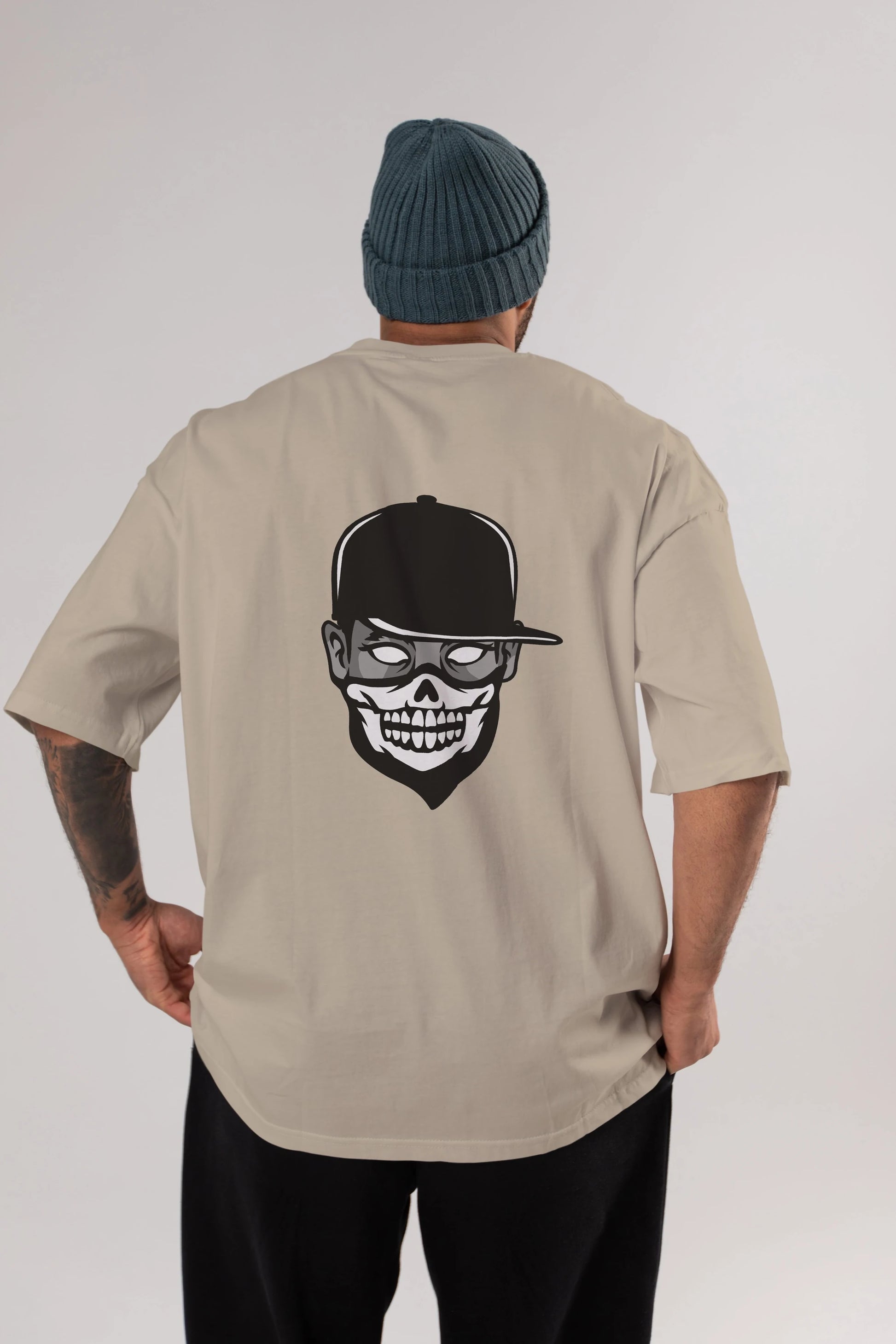 Skull Mask Arka Baskılı Oversize t-shirt Erkek Kadın Unisex %100 Pamuk tişort