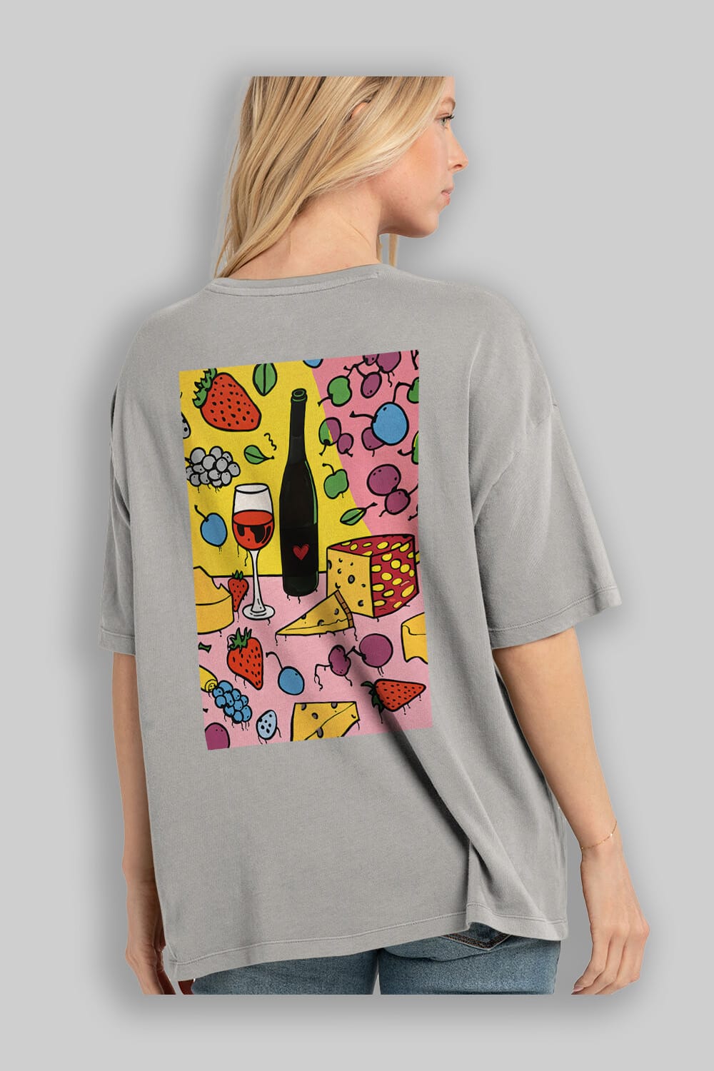 Wine Cheese Fruits Arka Baskılı Oversize t-shirt Erkek Kadın Unisex %100 Pamuk Bisiklet Yaka tişort